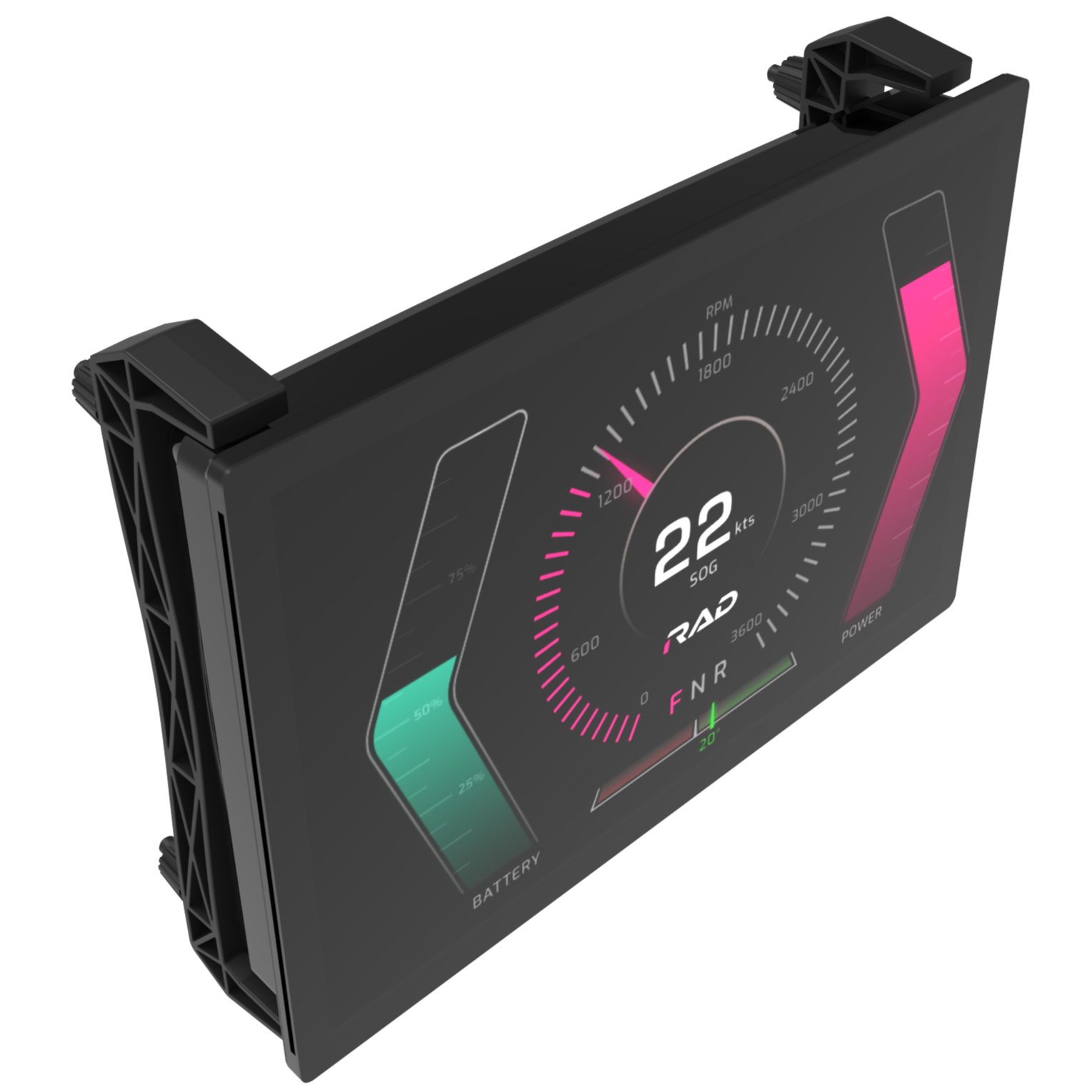 Digital racing display showing a speed of 22 knots, RPM around 1200, with gauges for battery, power, and various metrics, all in a sleek black design.