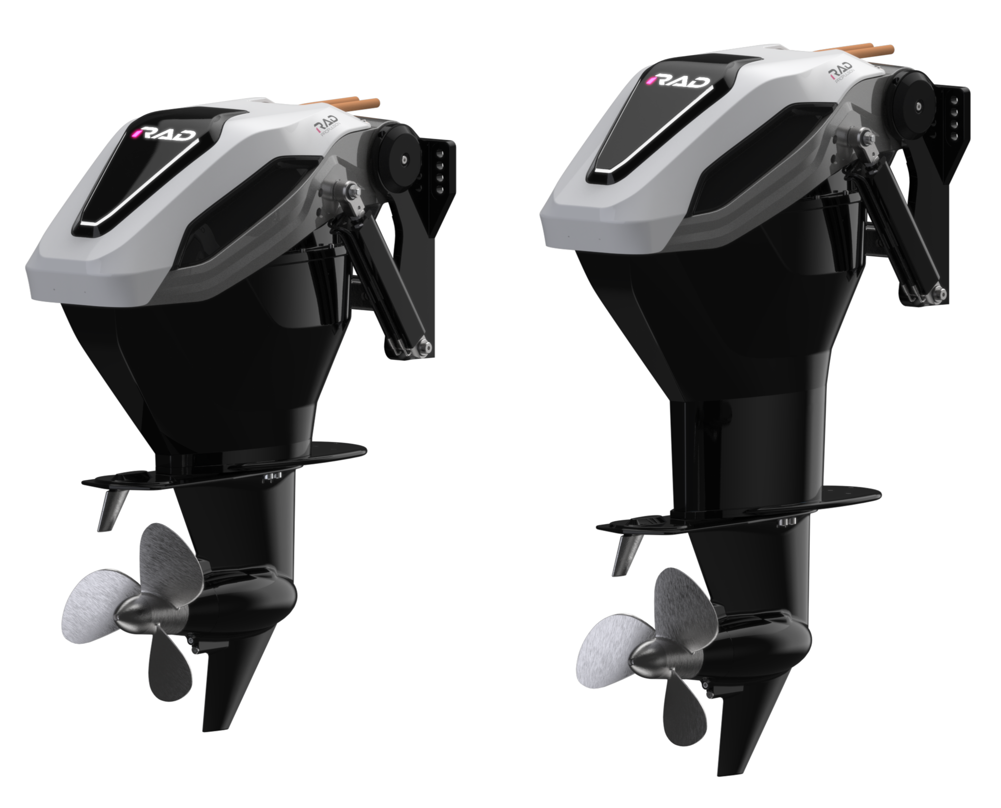 Two outboard motors with black and white covers, each featuring a logo that reads 'RAD,' mounted on a black surface against a black background.