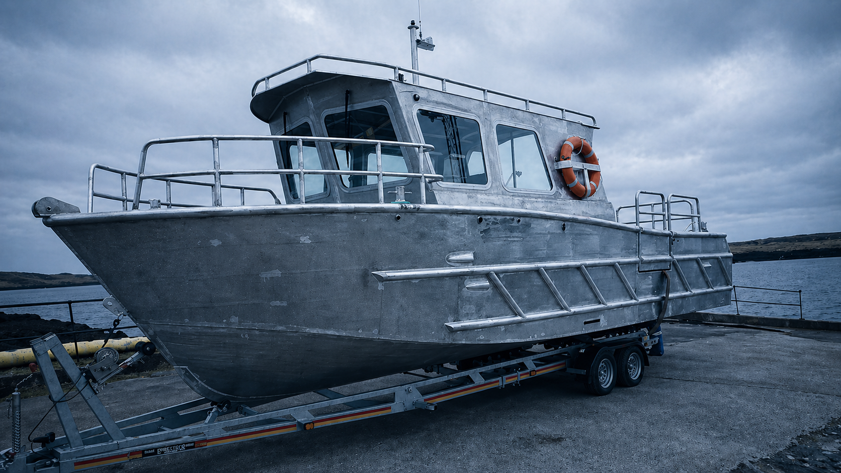 A boat on a trailer near a body of water under a cloudy sky.