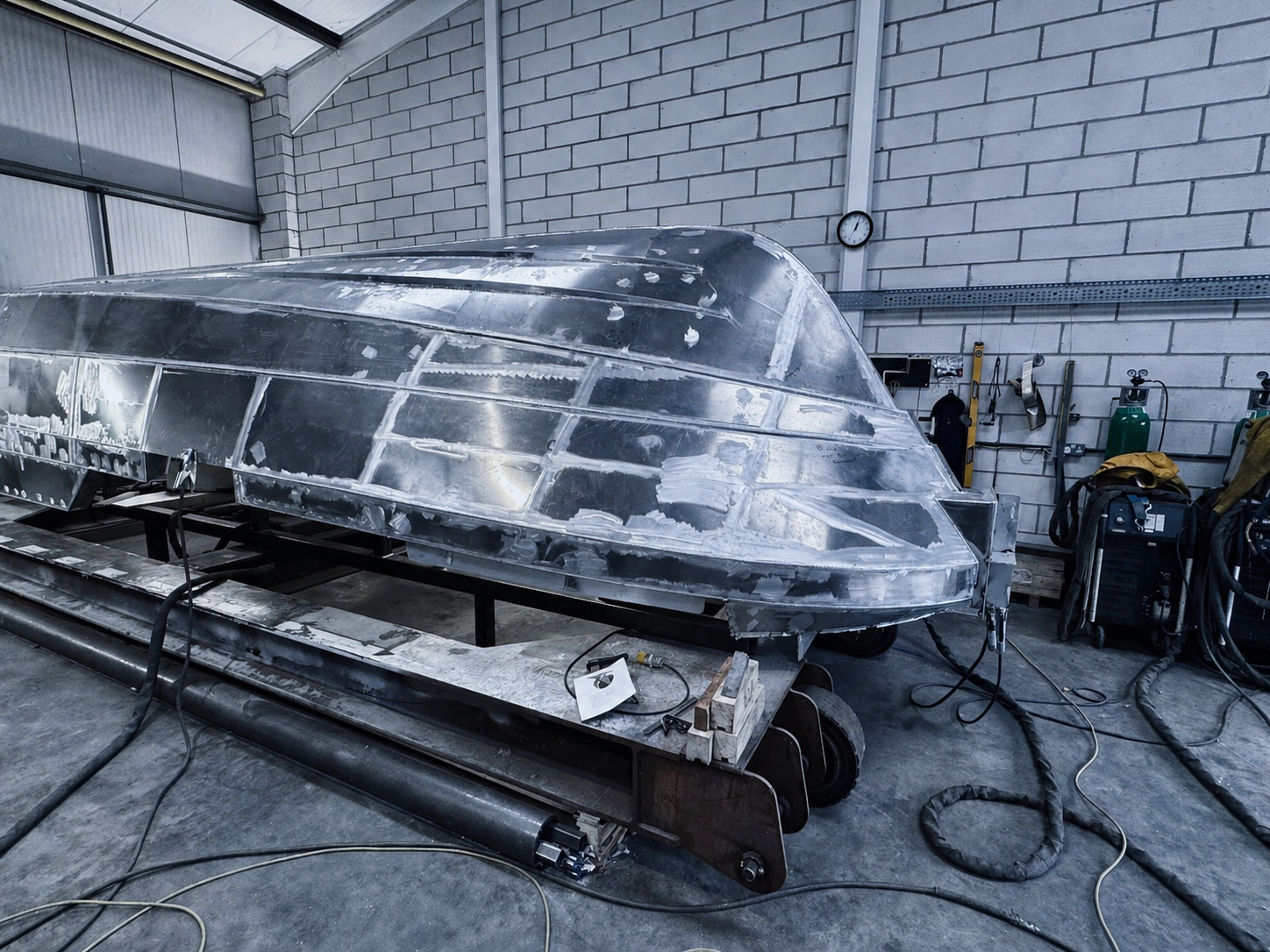 A metallic boat hull under construction inside a workshop, with tools and equipment on the wall and floor.