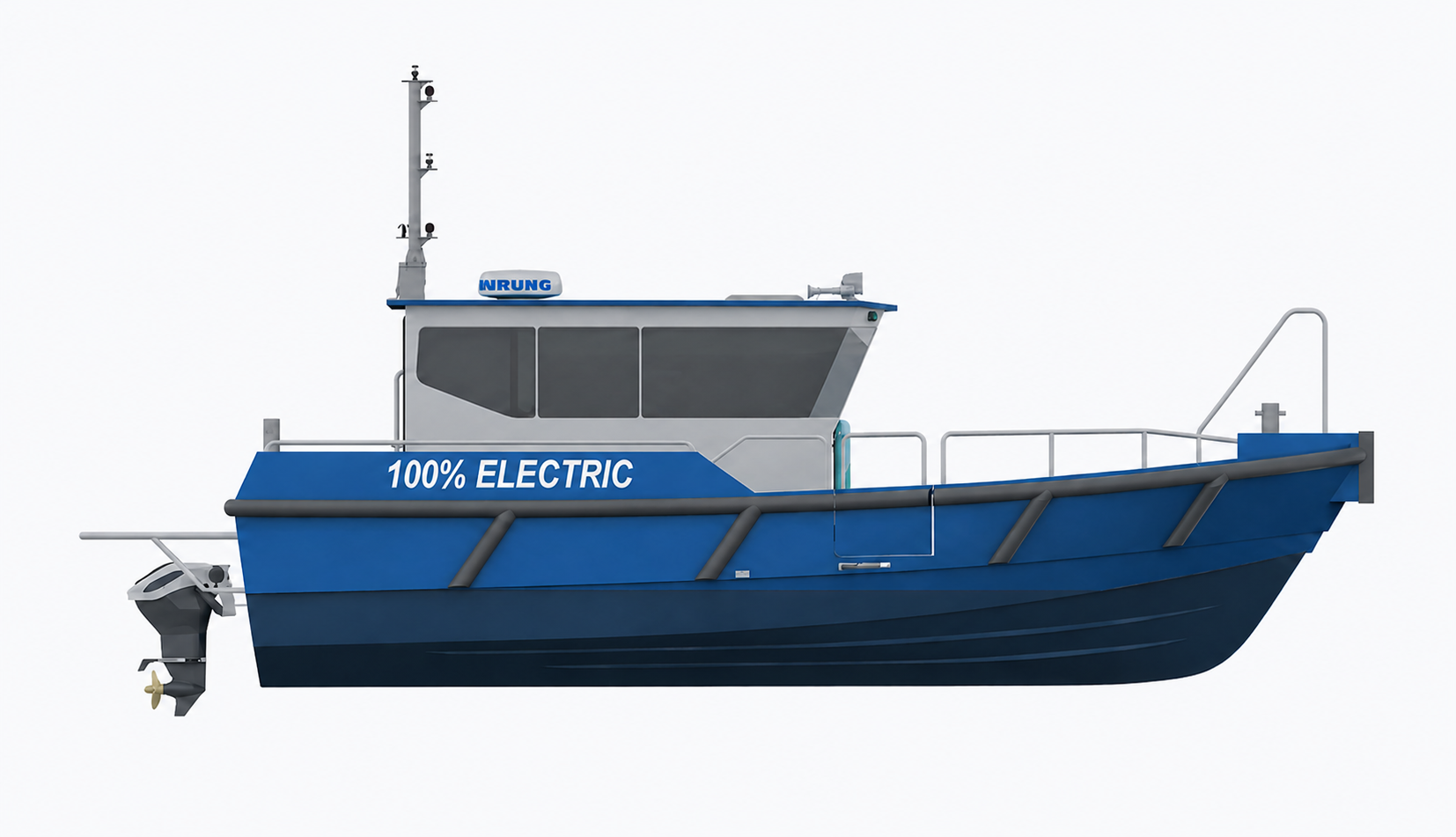An electric boat with a blue hull and gray upper structure, labeled '100% ELECTRIC' on the side. The boat has an outboard motor at the rear and features antennas and equipment on the roof.