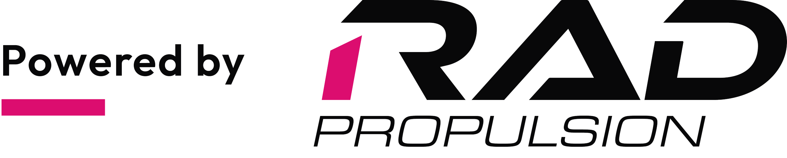LOGO of Powered by RAY PROPULSION, with the RAY and PROPULSION in stylized black font, and a pink bar and pink detail on the '1' in RAY.