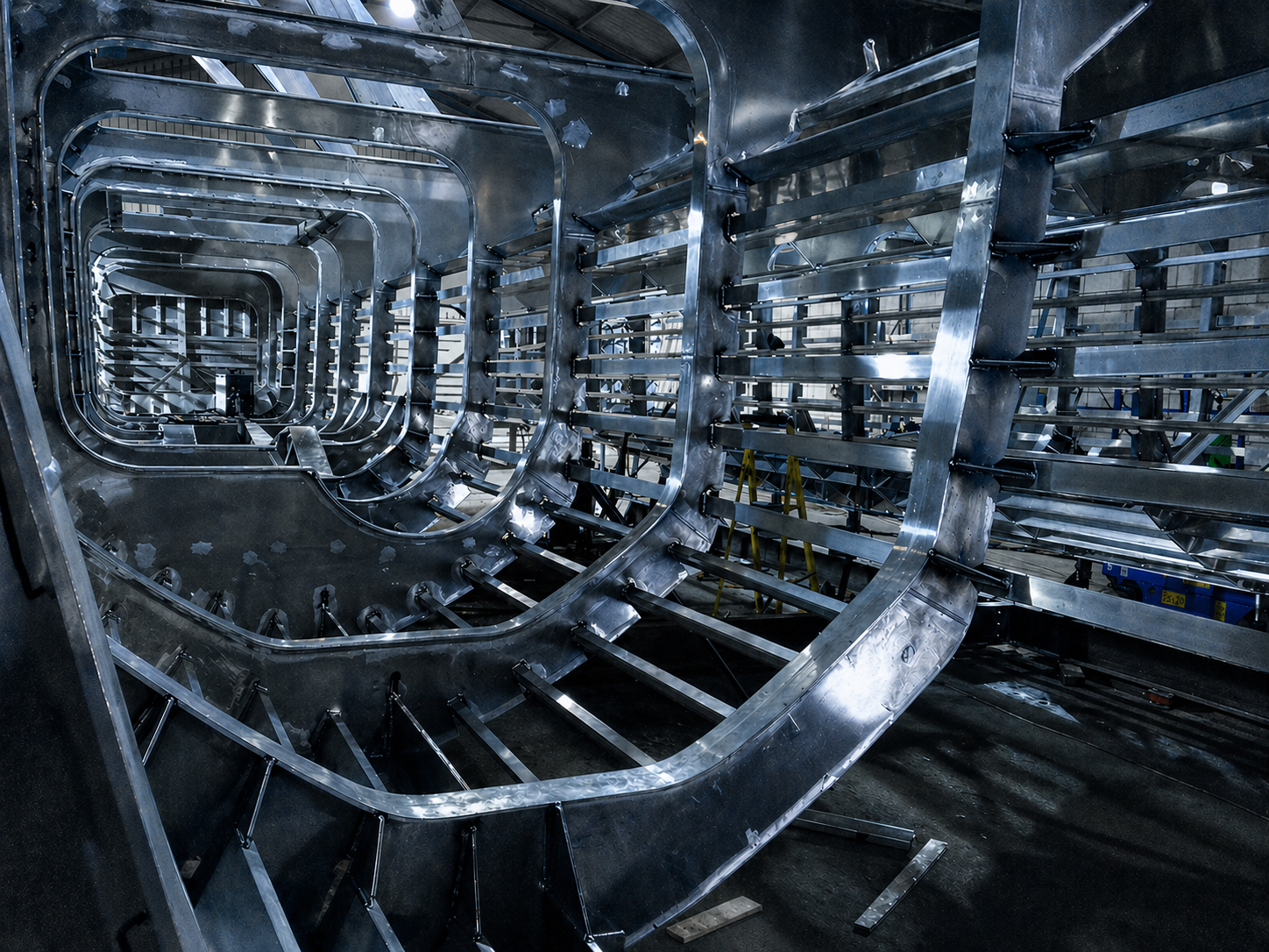 An industrial structure made of shiny metal, featuring a large, spiral, tunnel-like formation with multiple levels or layers, possibly part of a manufacturing or scientific facility.