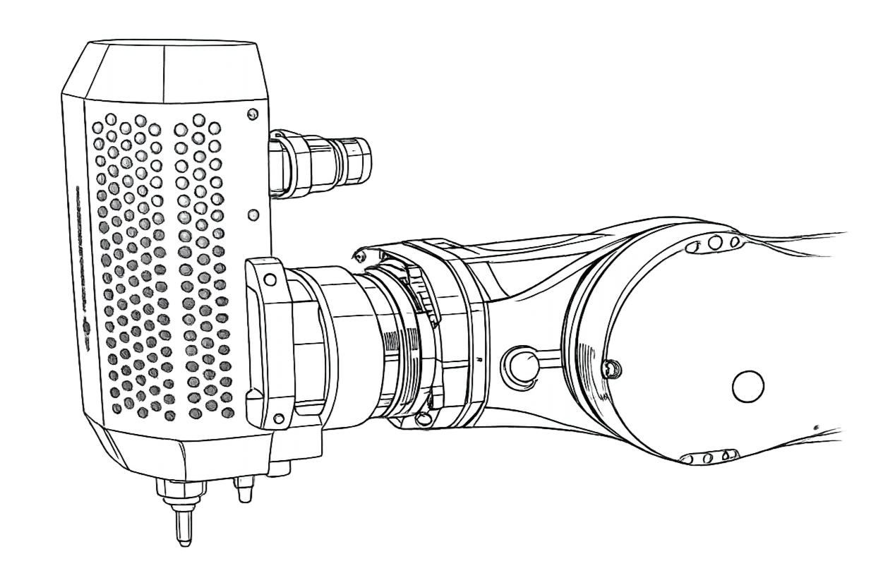Line drawing of a specialized robotic arm with a black rectangular component with many small circular elements, connected to a mechanical structure with a curved, hollow arm and circular joints.