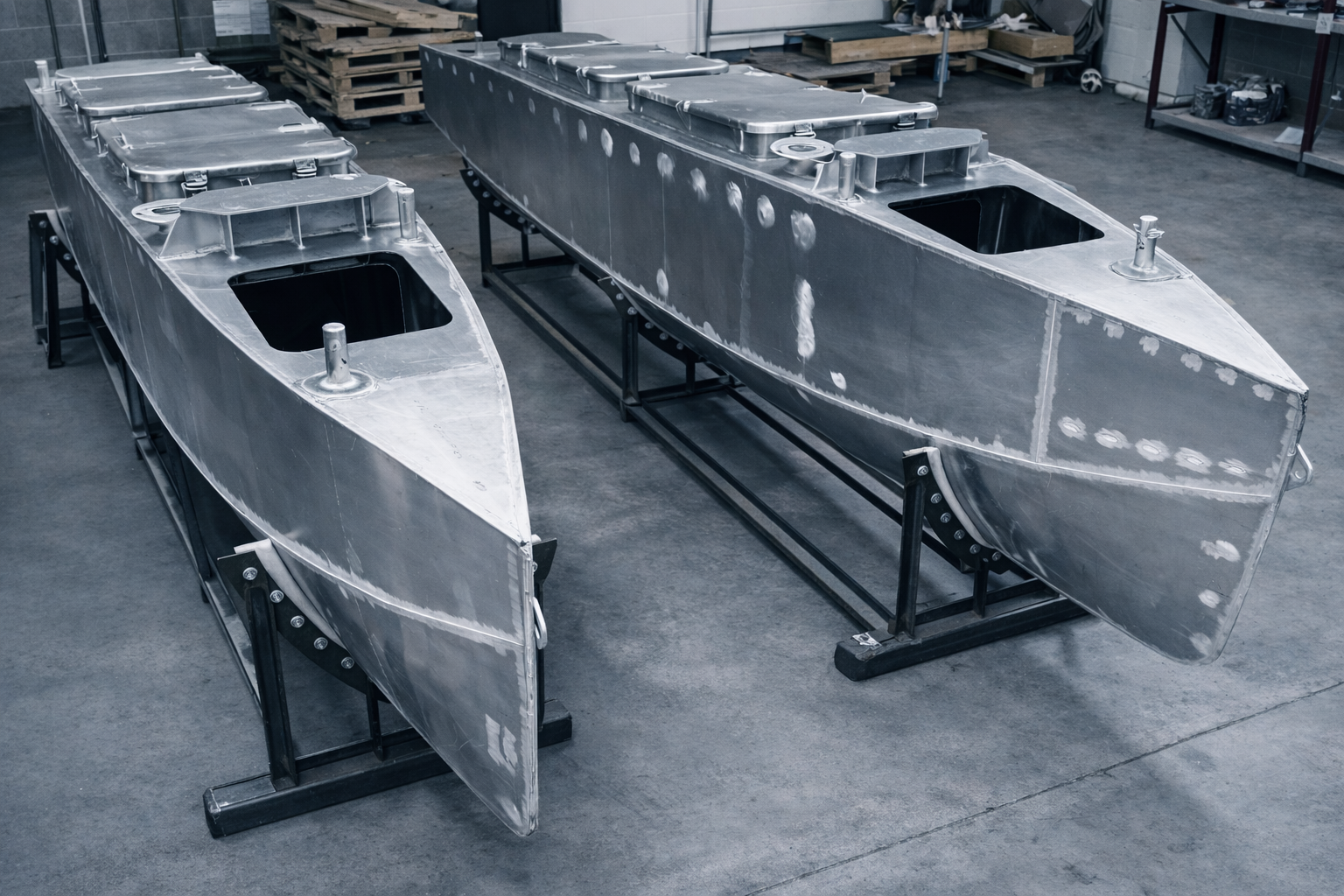 Two large aluminum boat hulls on metal stands in a workshop.