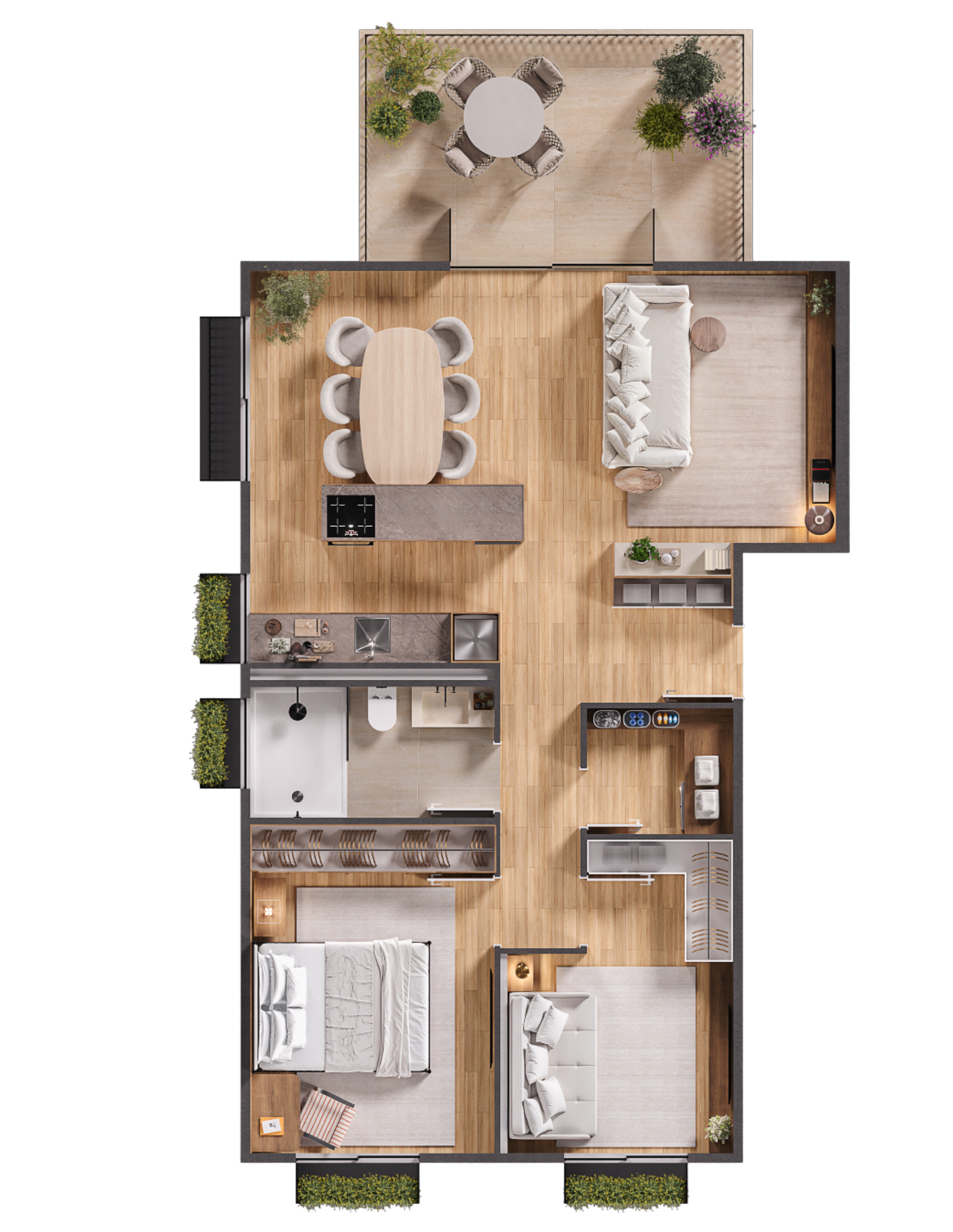 Plan d'appartement montrant deux chambres, une salle de bain, une buanderie, un couloir, un espace de vie avec cuisine et salon, un balcon avec mobilier, et une staircase extérieure.