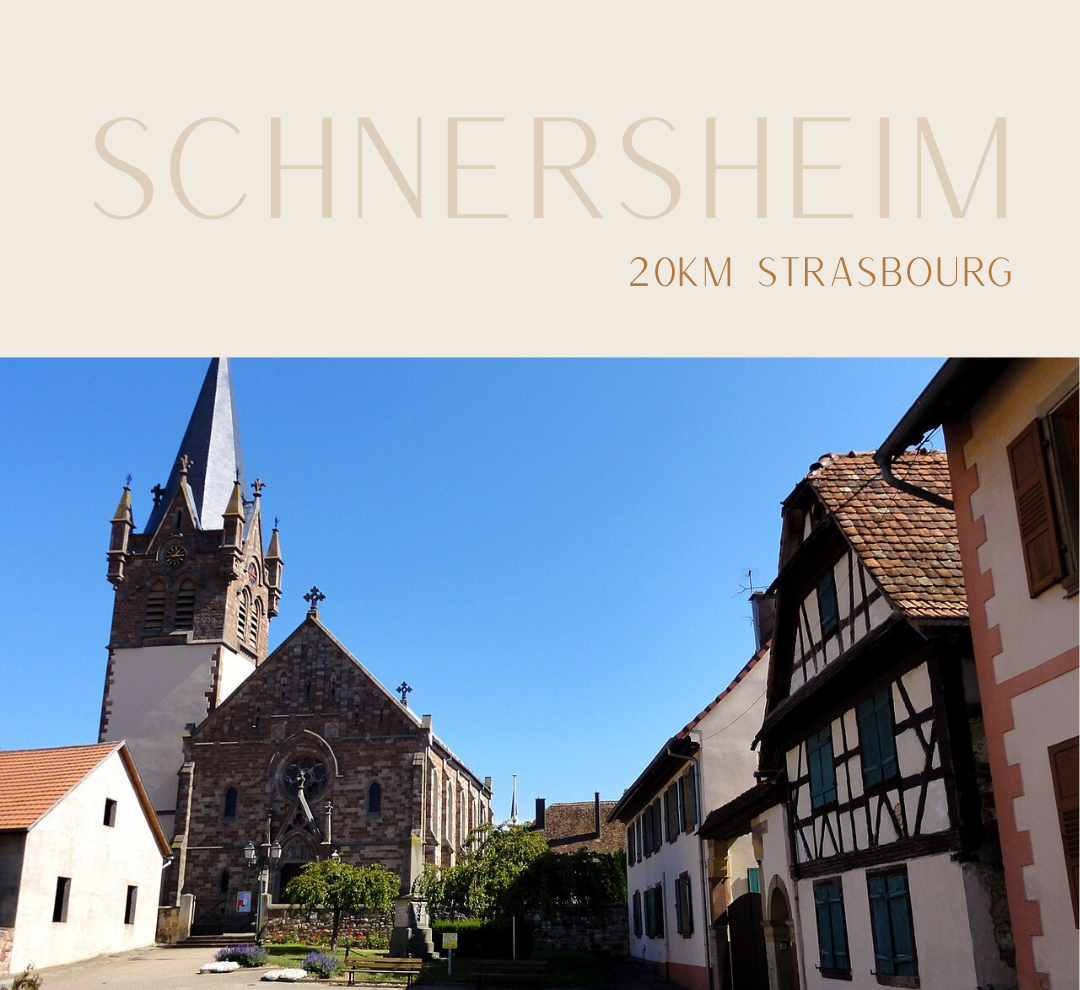 Une église en pierre avec une haute flèche, entourée de maisons traditionnelles en Alsace sous un ciel clair.