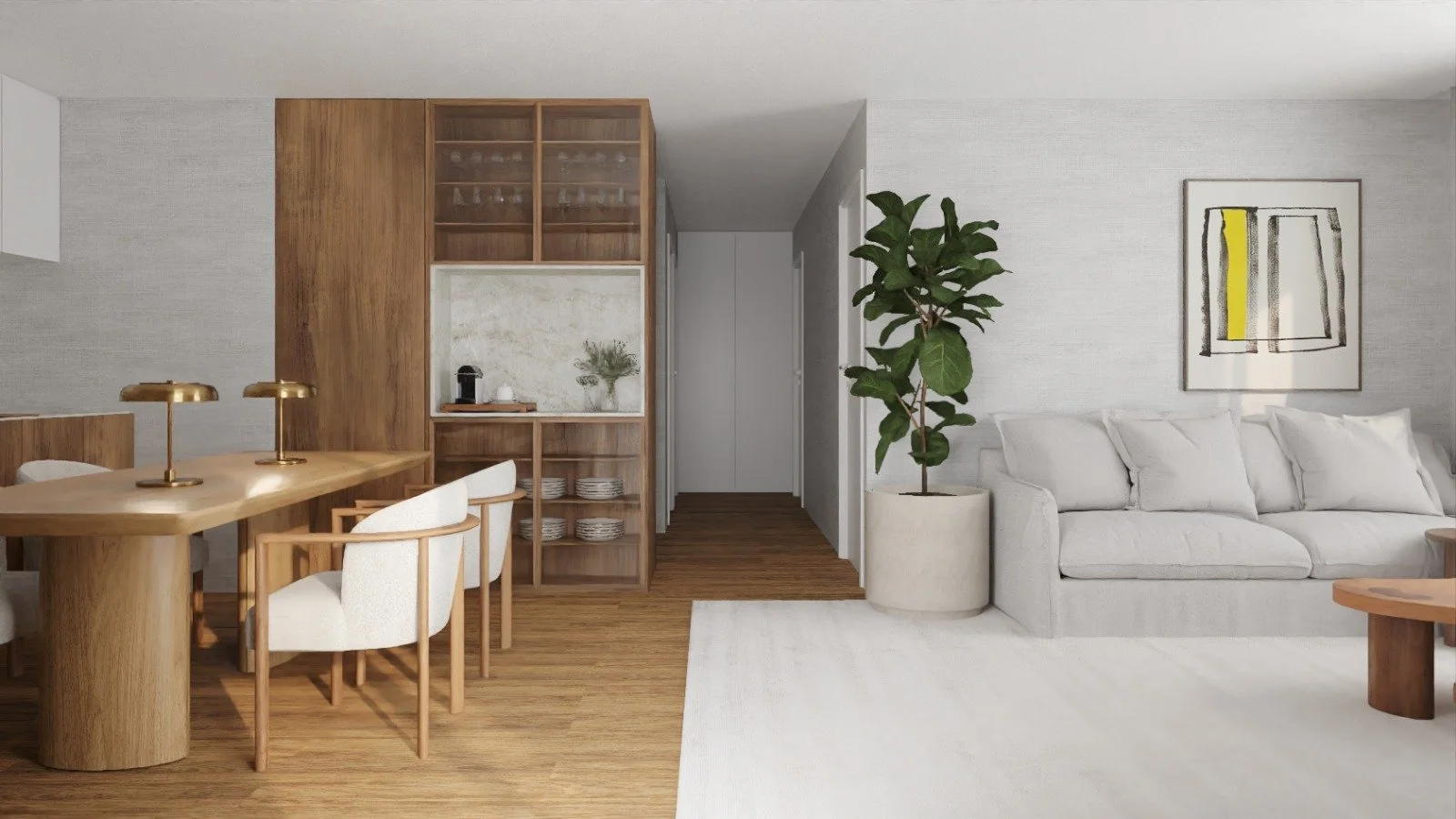 Salon moderne avec canapé blanc, tableau abstrait jaune et noir, grande plante verte, et coin repas avec table en bois et chaise blanche.