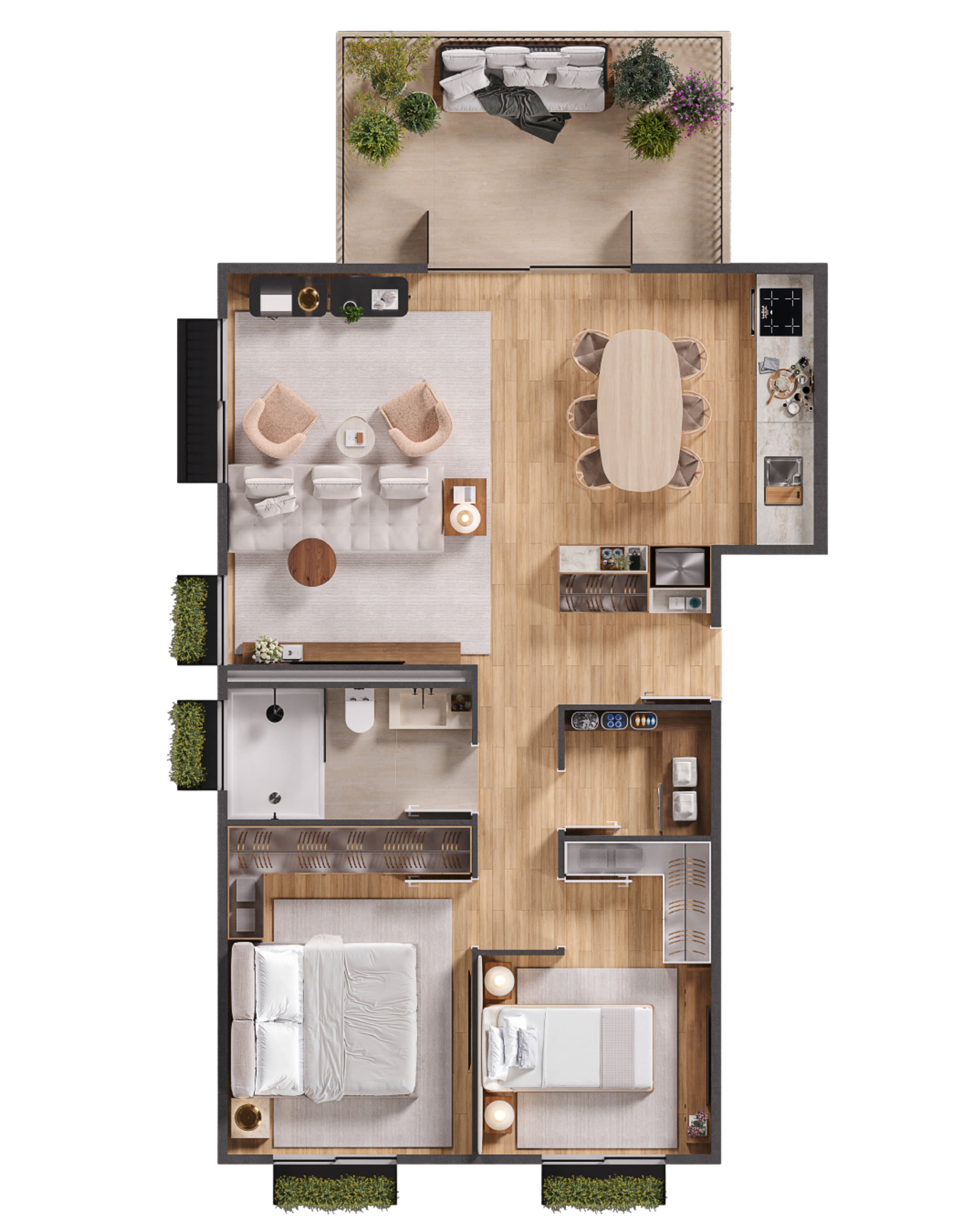 Plan d'un appartement avec deux chambres, salle de bain, cuisine, salon, balcon et buanderie.