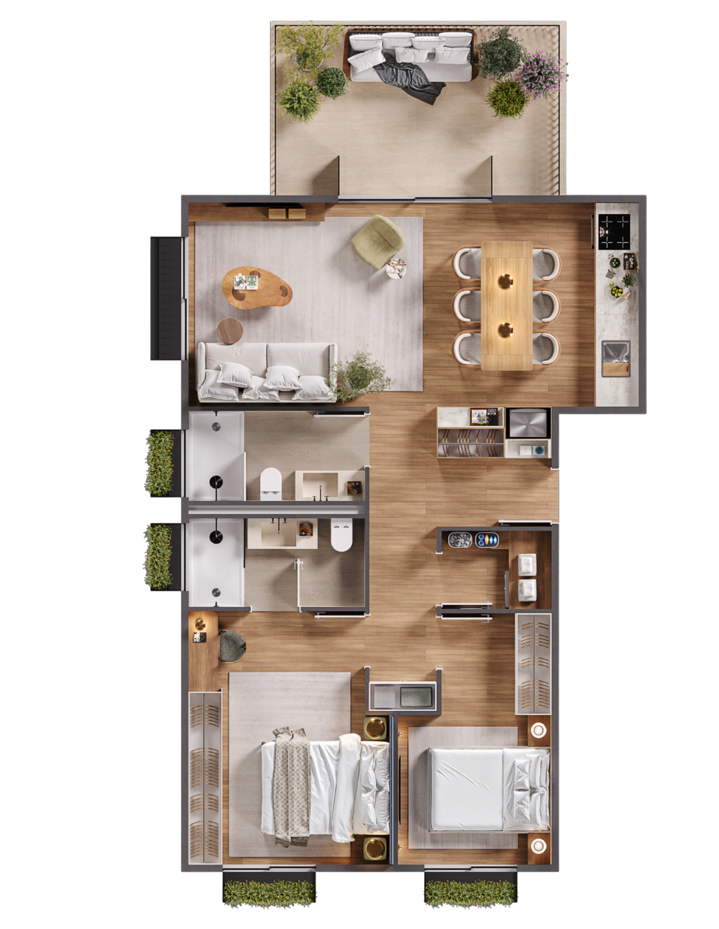 Plan d'une maison avec plusieurs pièces dont deux chambres, deux salles de bains, un séjour avec cuisine, une buanderie, un balcon, un couloir et une entrée, avec des meubles et des plantes décoratives.