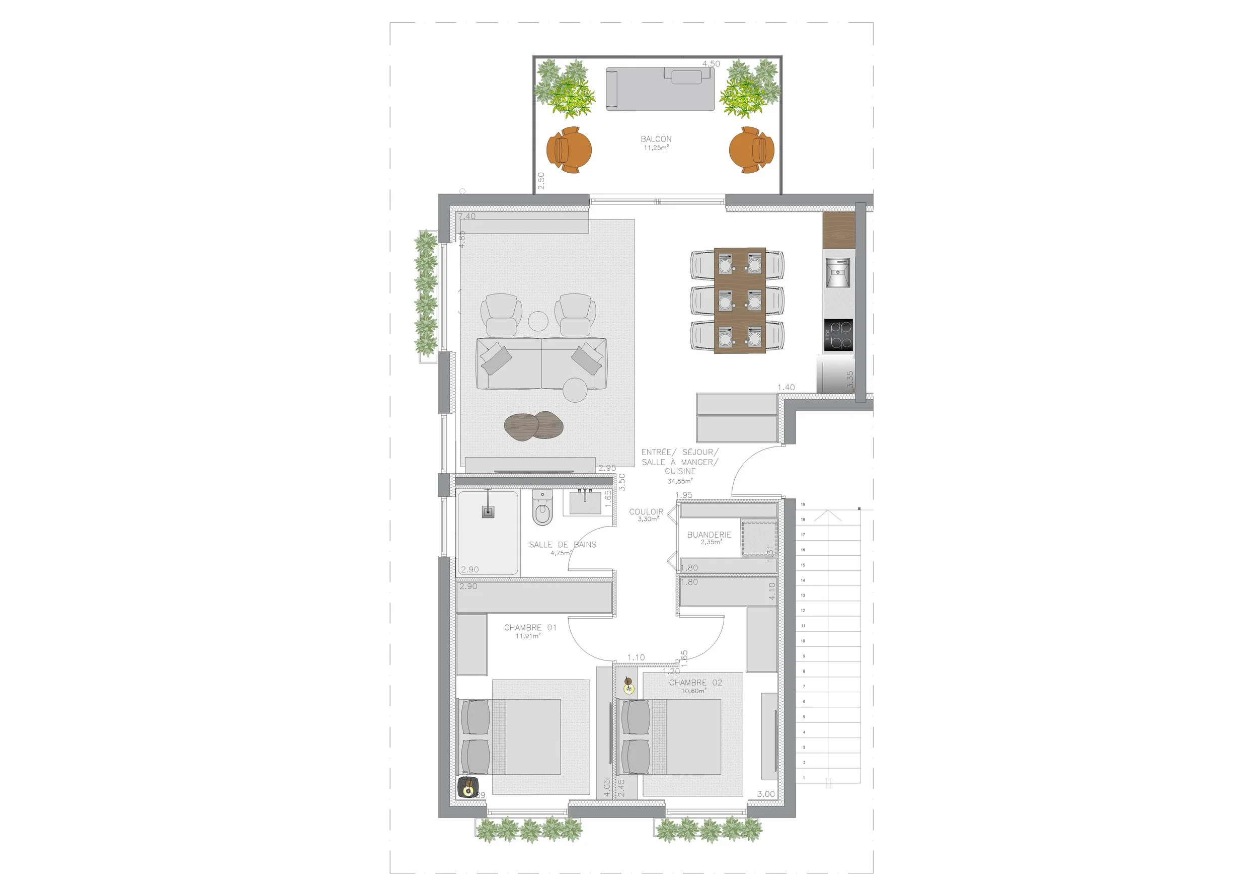 Plan d'un appartement avec deux chambres, salle de bain, cuisine, salon, balcon et buanderie.