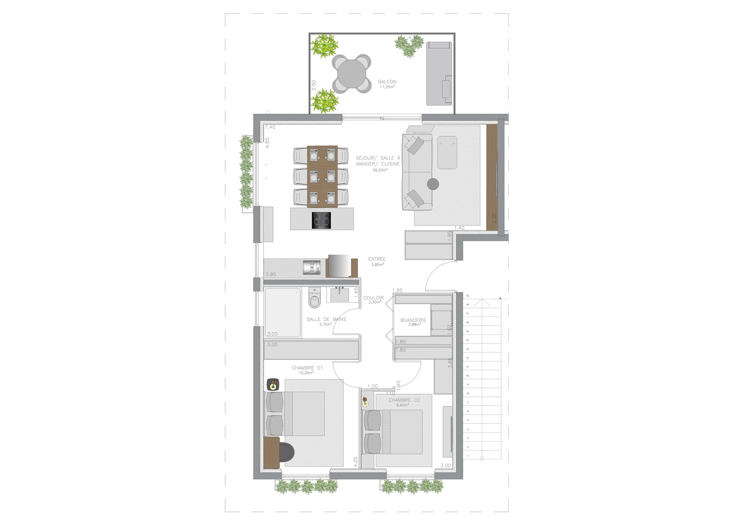 Plan d'appartement montrant deux chambres, une salle de bain, une buanderie, un couloir, un espace de vie avec cuisine et salon, un balcon avec mobilier, et une staircase extérieure.