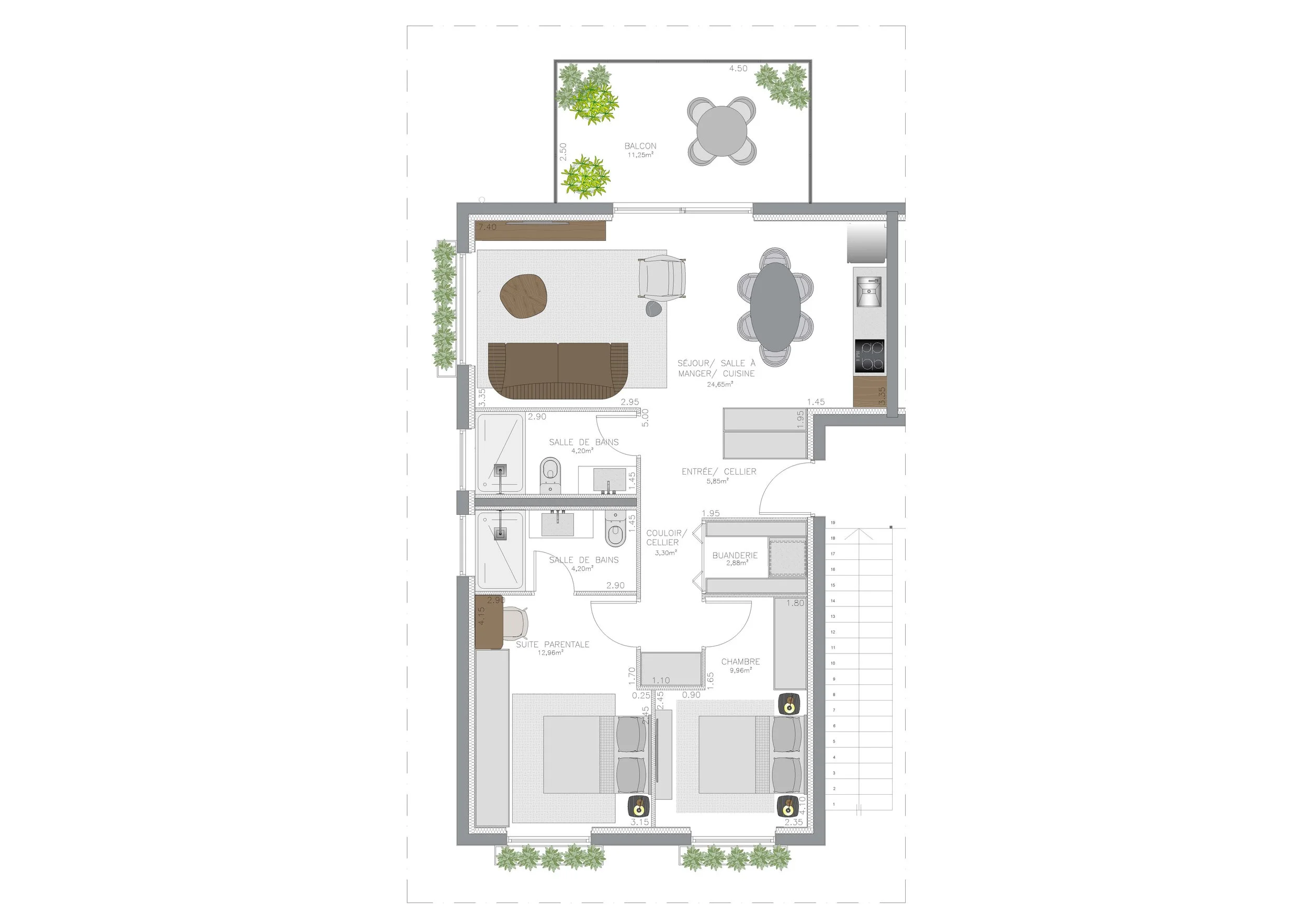 Plan d'une maison avec plusieurs pièces dont deux chambres, deux salles de bains, un séjour avec cuisine, une buanderie, un balcon, un couloir et une entrée, avec des meubles et des plantes décoratives.