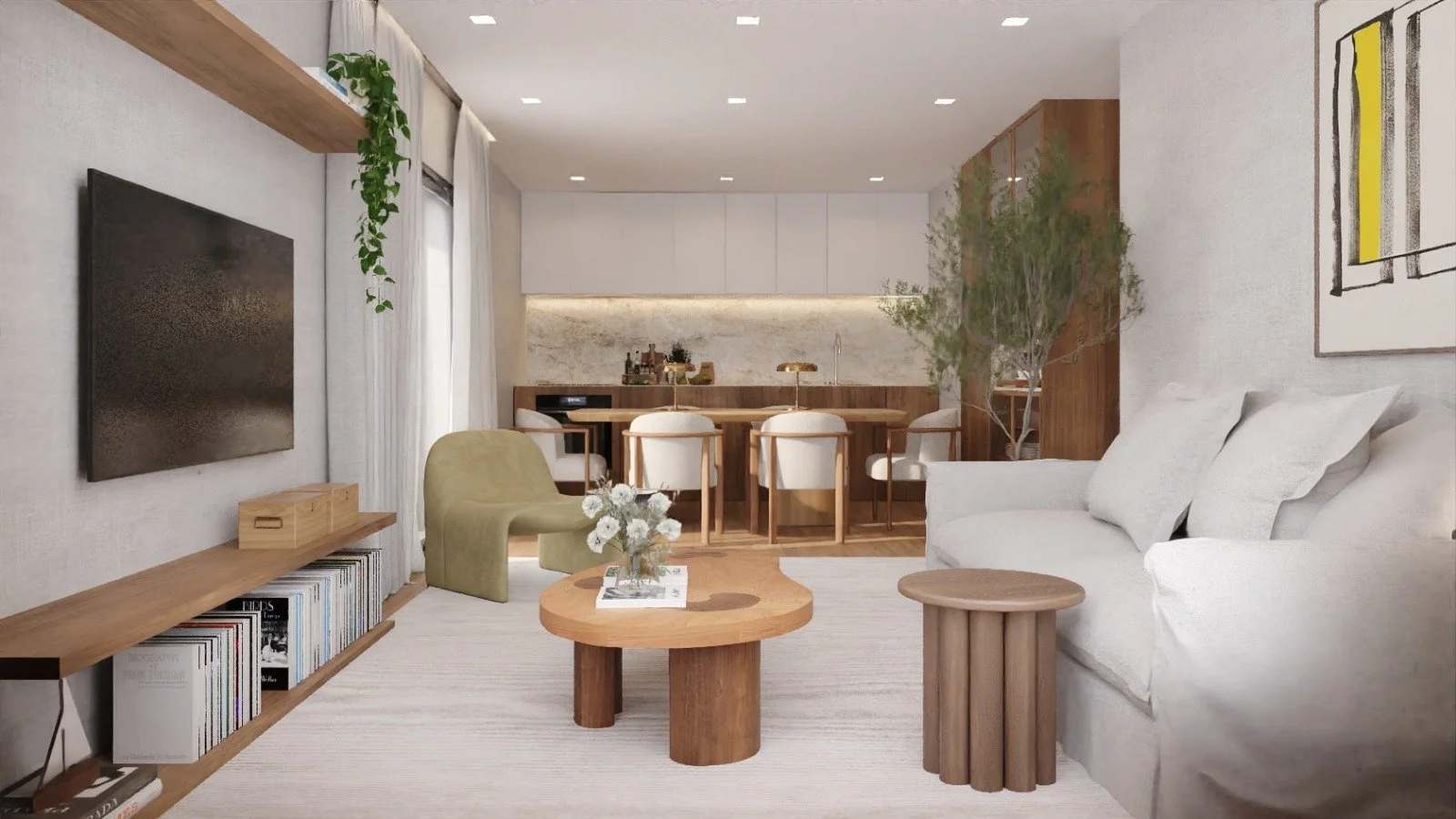 Salon moderne avec canapé blanc, fauteuil vert, table basse en bois avec fleurs, étagère en bois avec livres, mur blanc, décoration minimaliste, cuisine ouverte en fond avec bar et chaises blanches, plantes vertes.