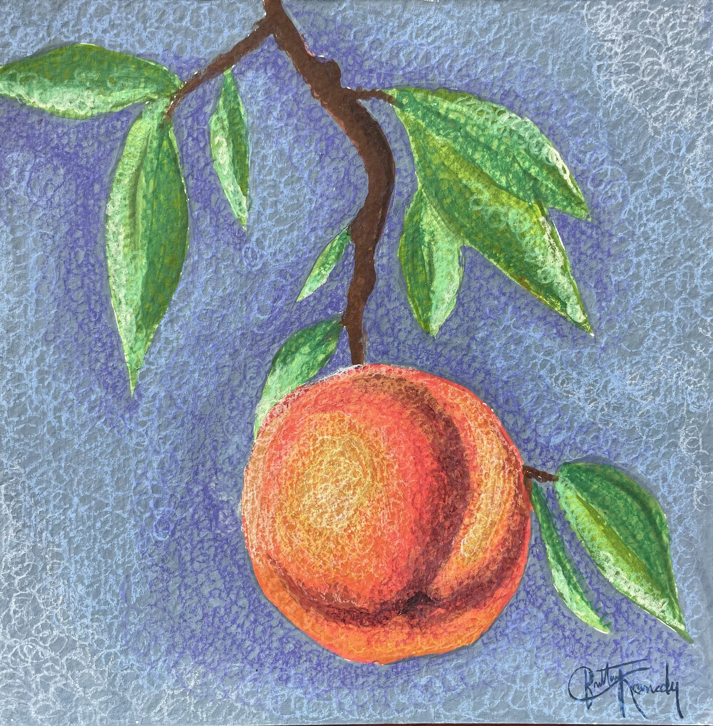 A painting of a peach hanging from a branch with green leaves against a textured blue background.