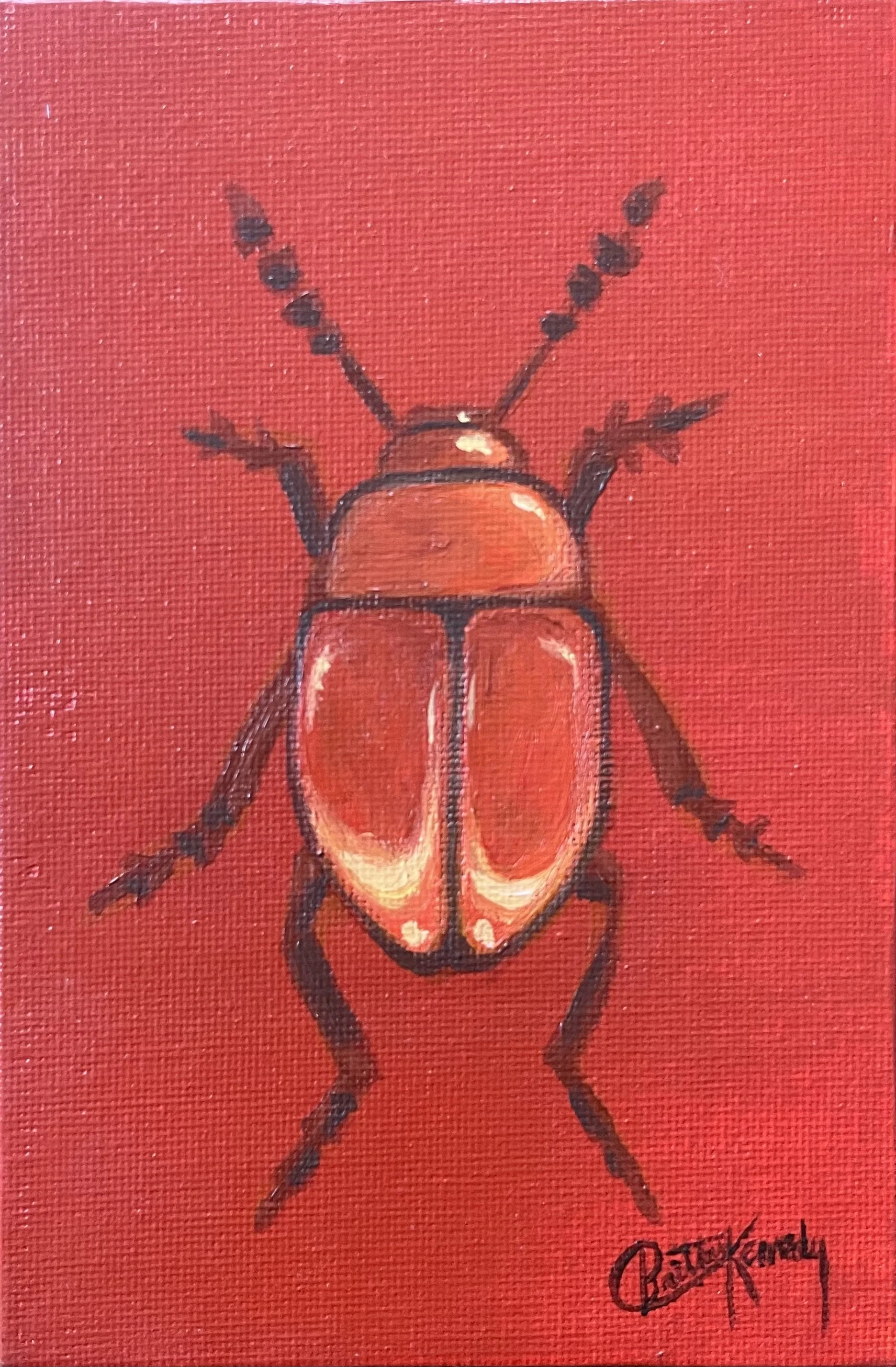 Painting of a red and orange beetle on a red background with artist's signature.