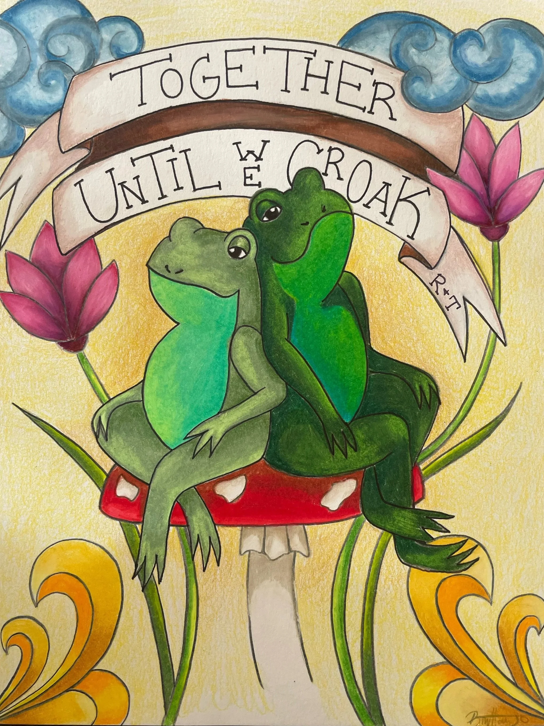 Two frogs sitting on a red and white mushroom, surrounded by pink flowers and decorative swirls, with a banner above them that says 'Together Until We Croak'.