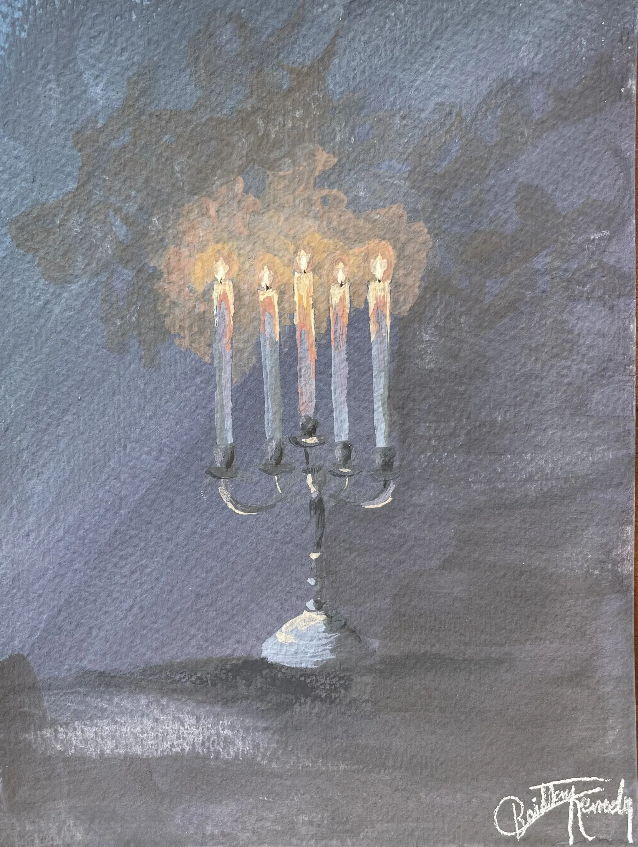 A painting of a candelabra with five lit candles against a dark background.
