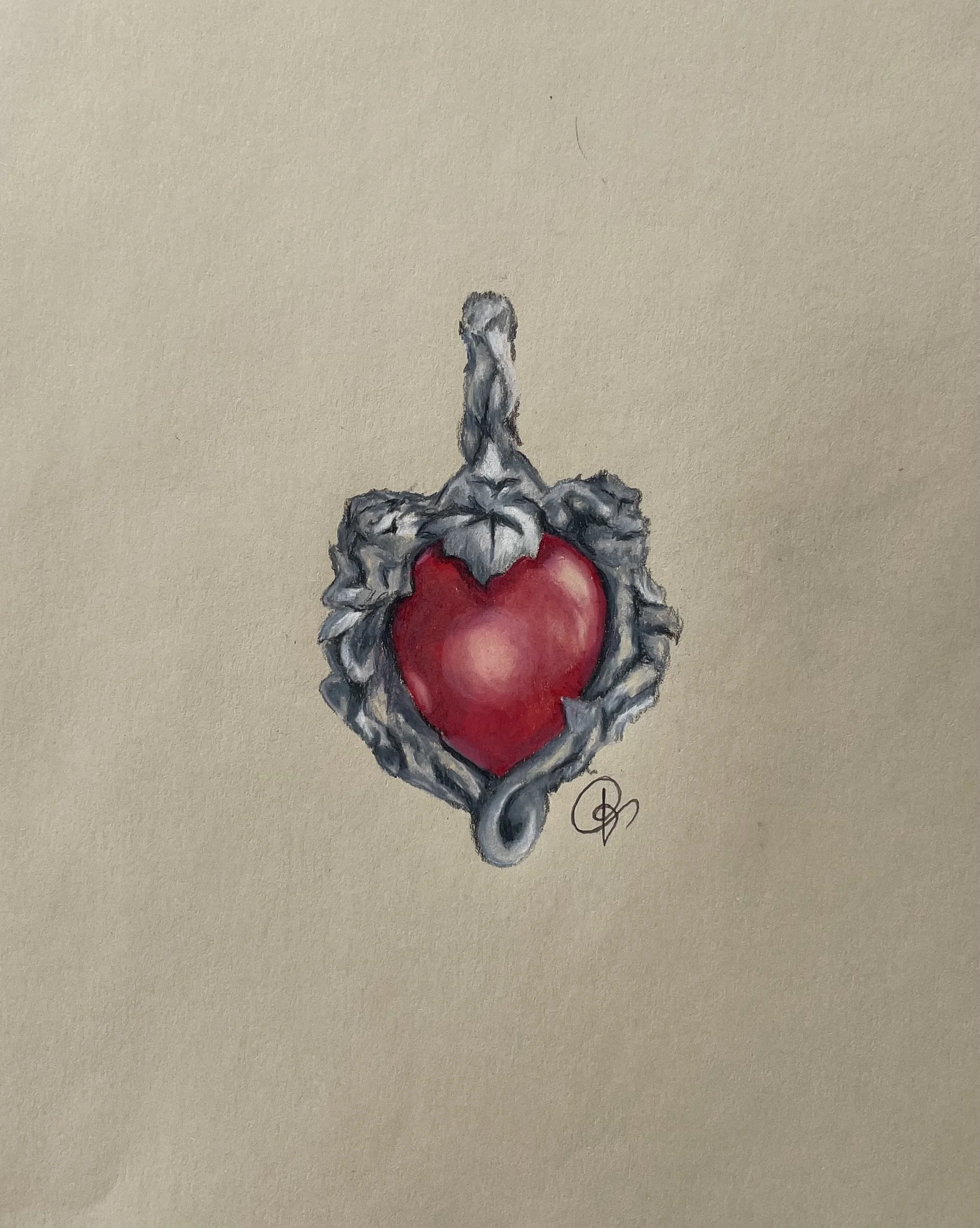 Drawing of a red heart encased in silver-gray thorns or vines with a signature below.