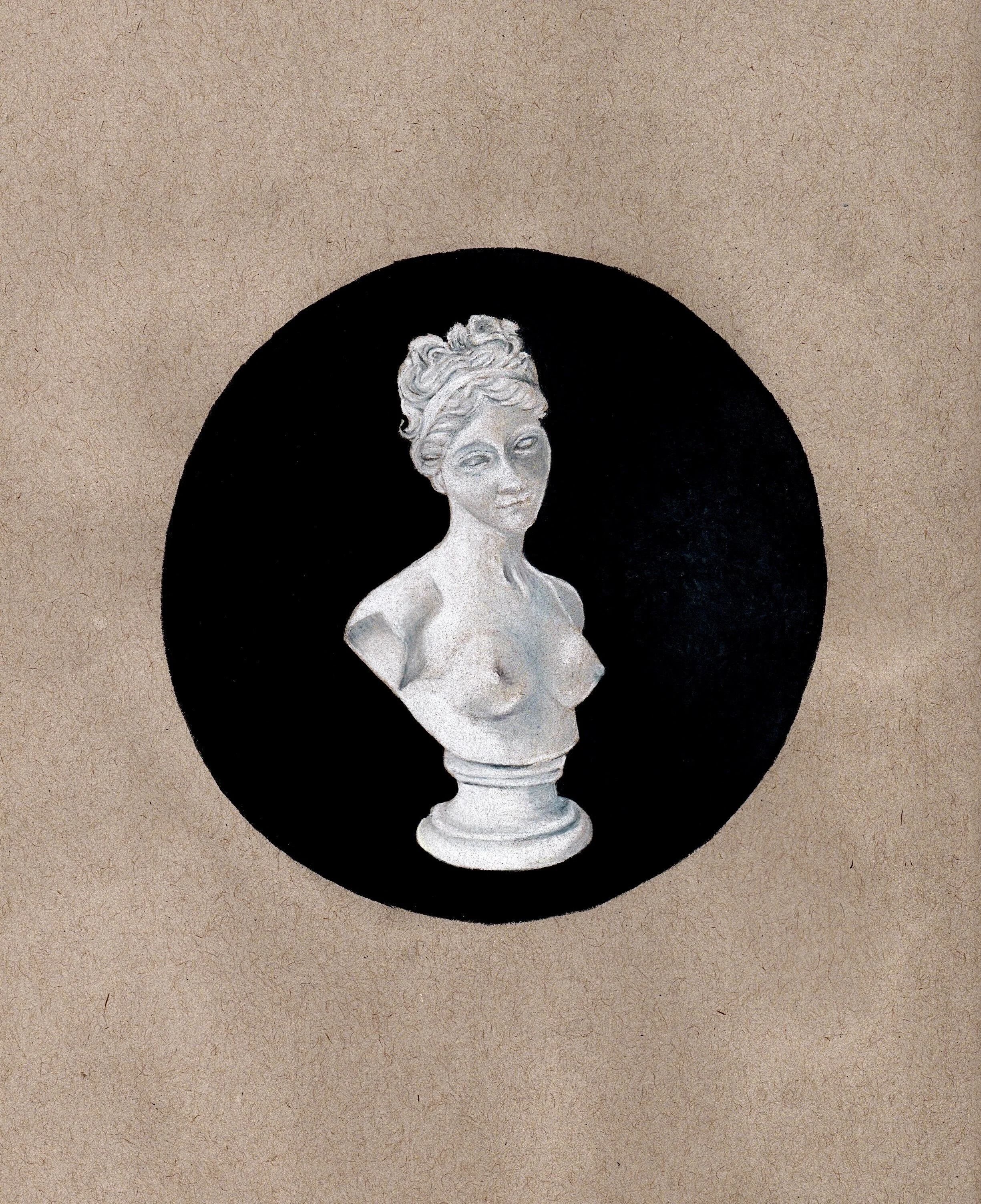 A drawing of a classical-style marble bust sculpture of a woman, partly nude, with her hair styled up, set against a black circle on a beige background.