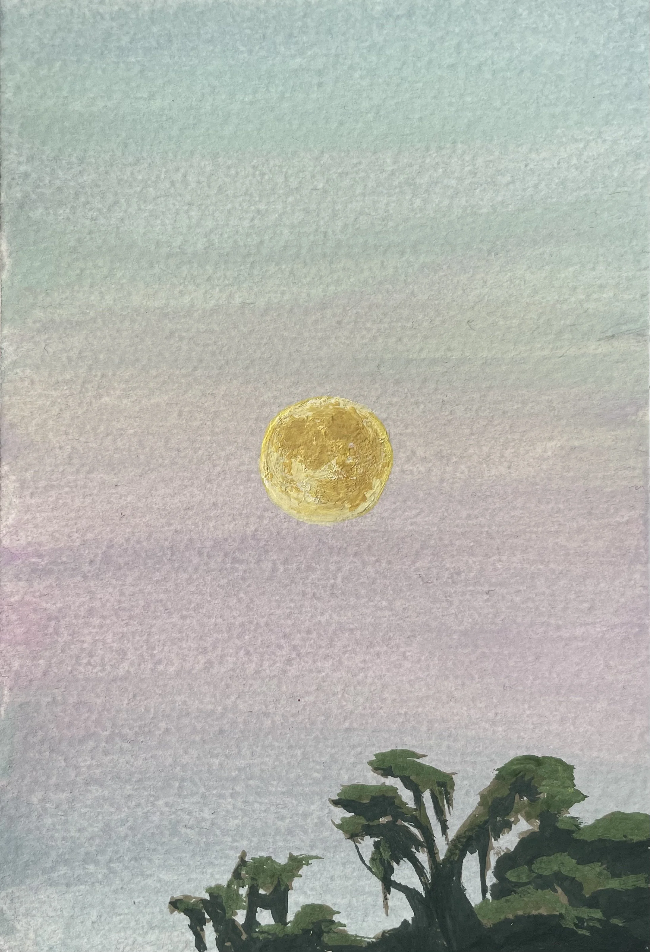 Watercolor painting of a large yellow moon in a pastel-colored sky with green trees in the foreground.