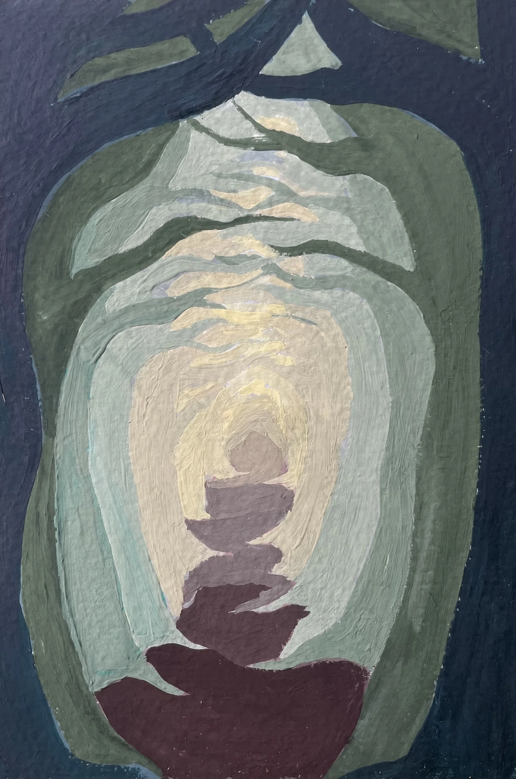 Abstract painting featuring layered shapes in green, yellow, beige, and brown tones, with a dark background.