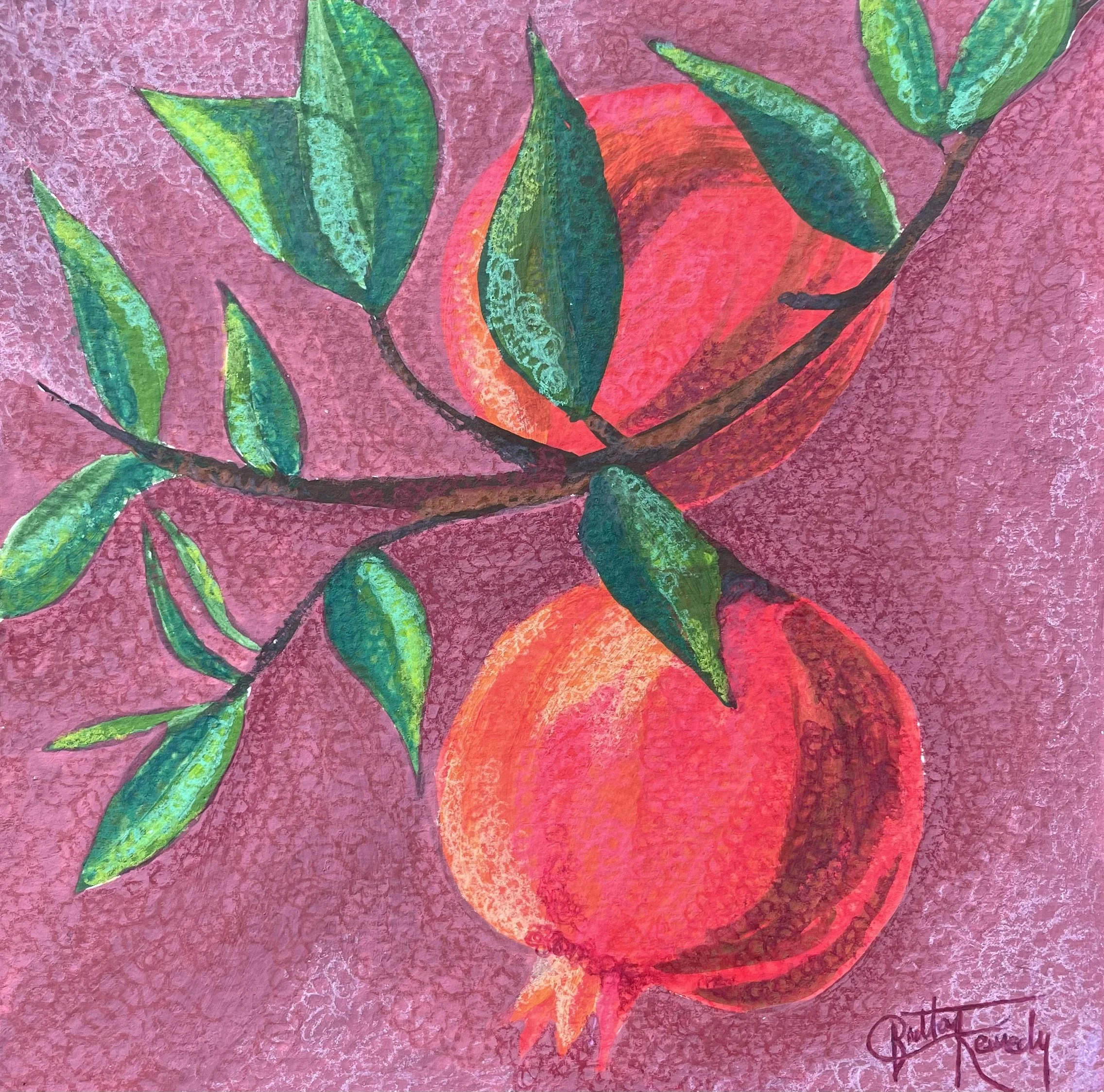 Painting of a branch with green leaves and two ripe pomegranates, set against a pink textured background.