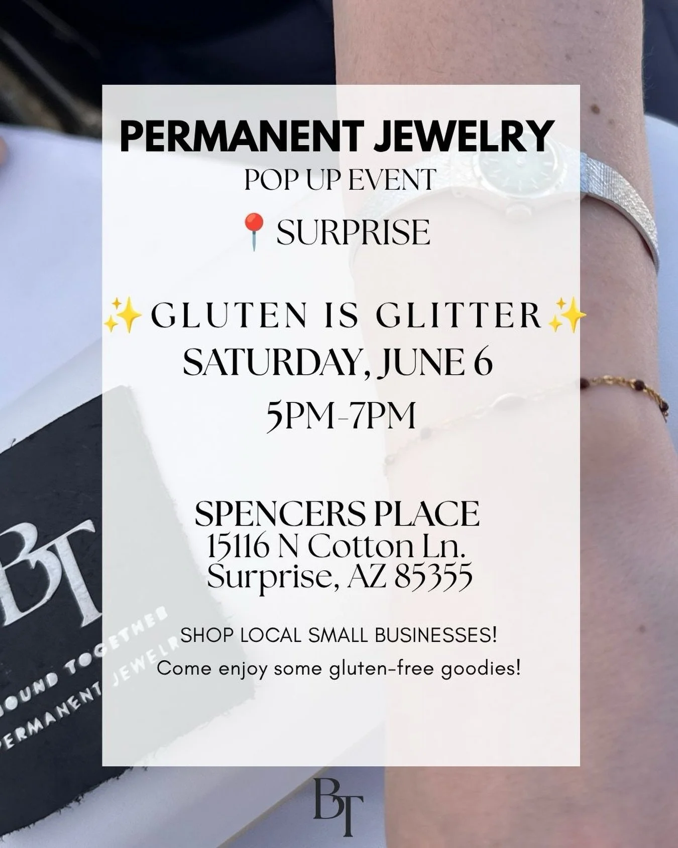 THIS Saturday!!! Come say hi 👋👋👋

I&rsquo;ll be at @spencersplaceaz from 5&ndash;7 PM with permanent jewelry, and some new chains &amp; charms!!

Come by and grab some yummy gluten-free treats while you&rsquo;re there!