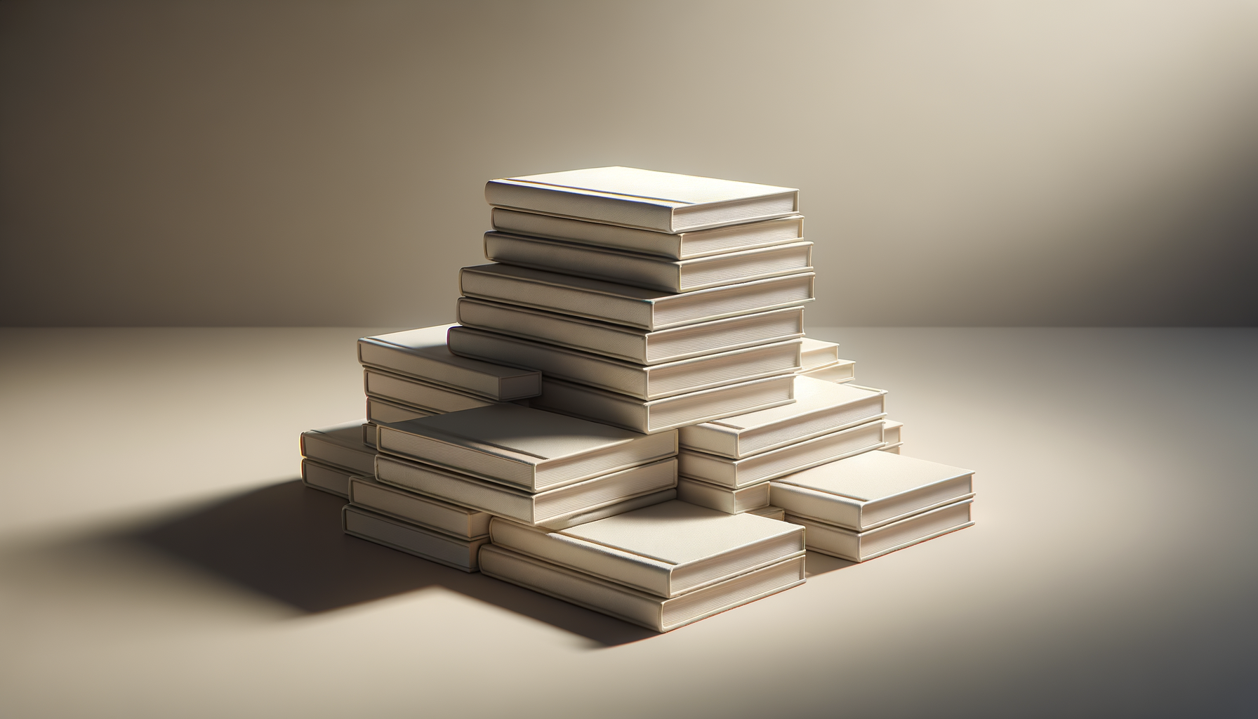 Pile de plusieurs livres blancs empilés sur une surface claire, avec des ombres douces et un fond neutre.