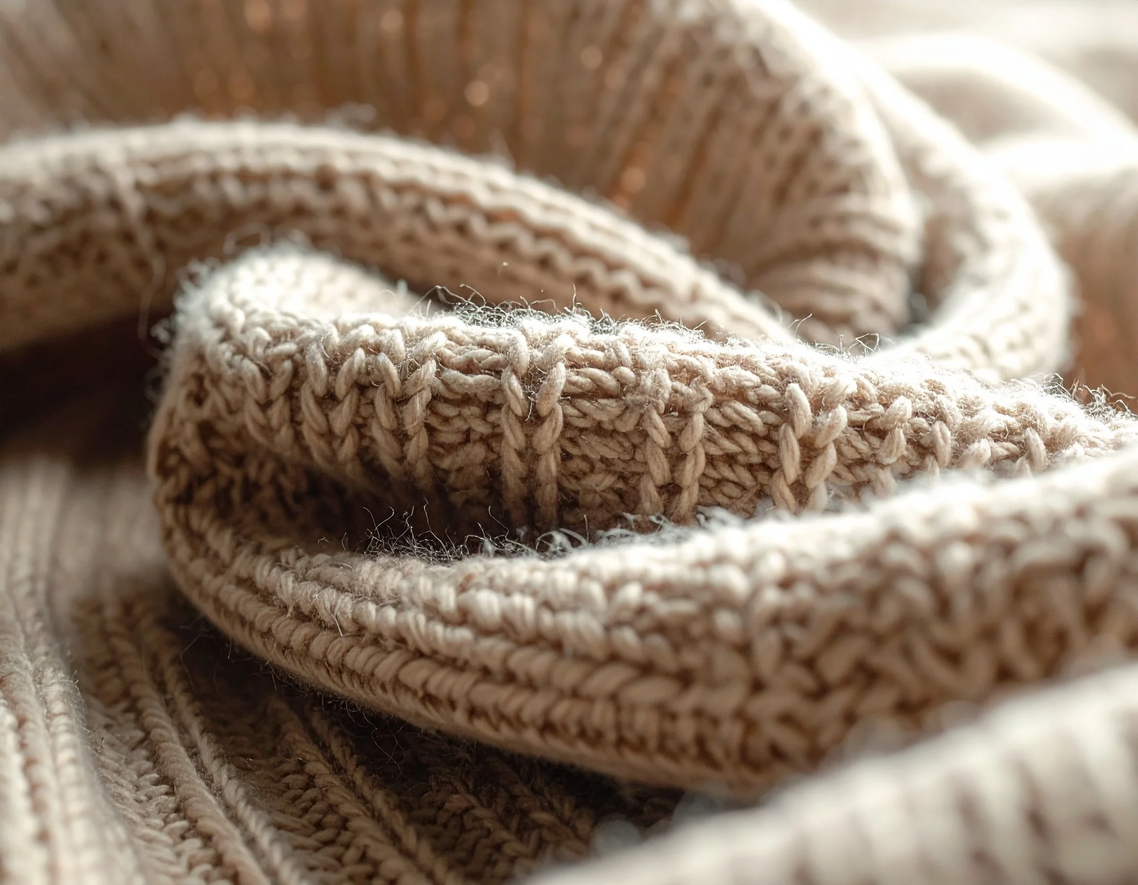 Close-up of a woven, beige, knitted fabric with detailed texture.
