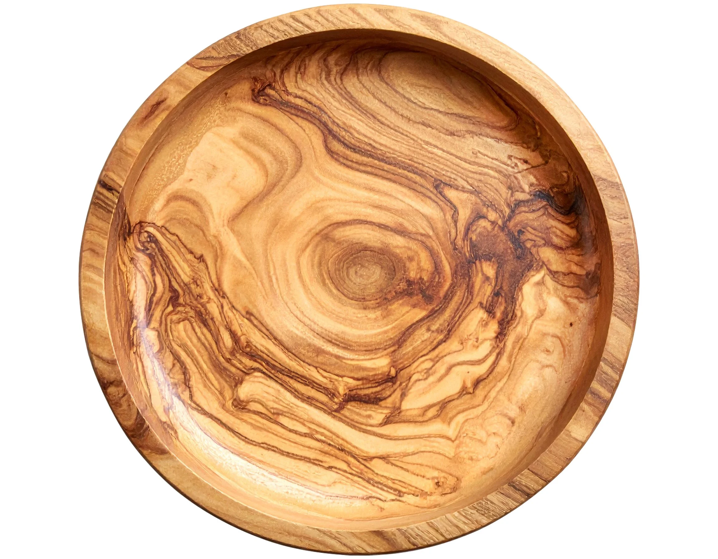 Round wooden bowl with a swirling grain pattern on a white background.