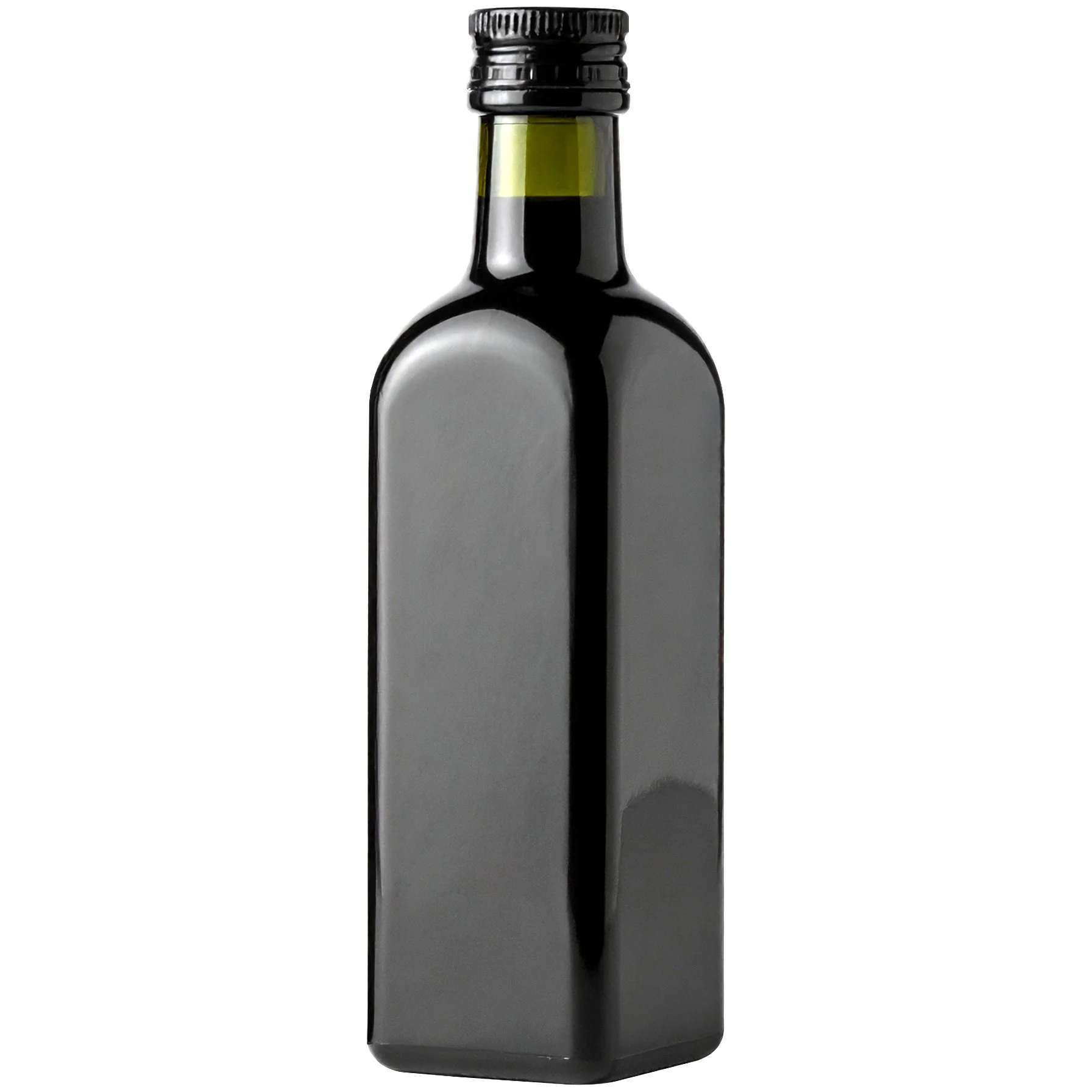 A plain, black, rectangular bottle with a screw cap against a white background.