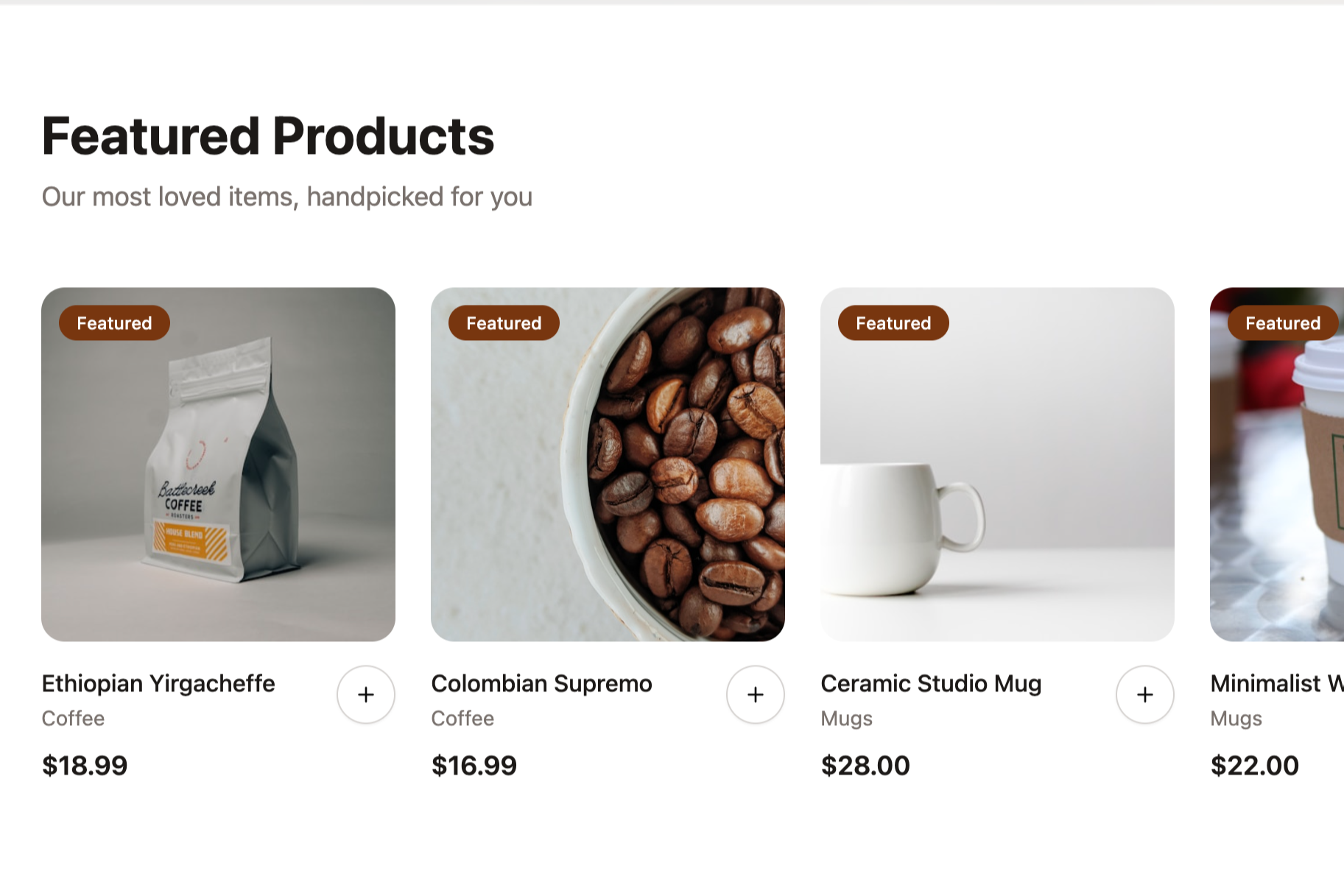 Online store featuring coffee products, including Ethiopian Yirgacheffe coffee, Colombian Supremo coffee, a ceramic studio mug, and a minimalist white paper cup with a lid.