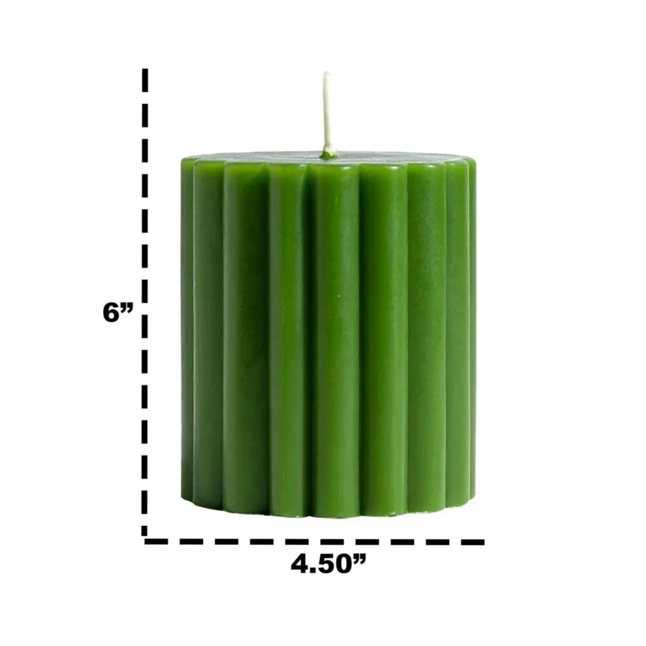 Green candle with vertical ridges, measuring 6 inches in height and 4.5 inches in diameter, with a white wick at the top.