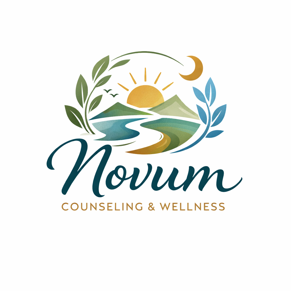 Logo for Novum Counseling & Wellness featuring a sunrise over mountains, a winding river, a crescent moon, and leaves on each side.