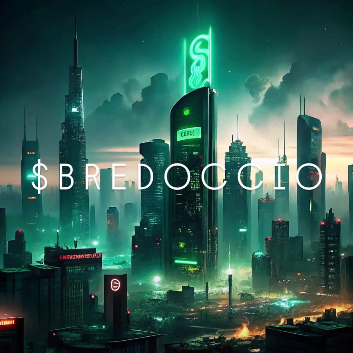 A futuristic cityscape at night with tall skyscrapers illuminated in green and teal tones, with neon signs, clouds, and the text '$BREDOCCIO' and the word 'COHJE' on a building. EP by JLynn theWriter. April 24, 2026