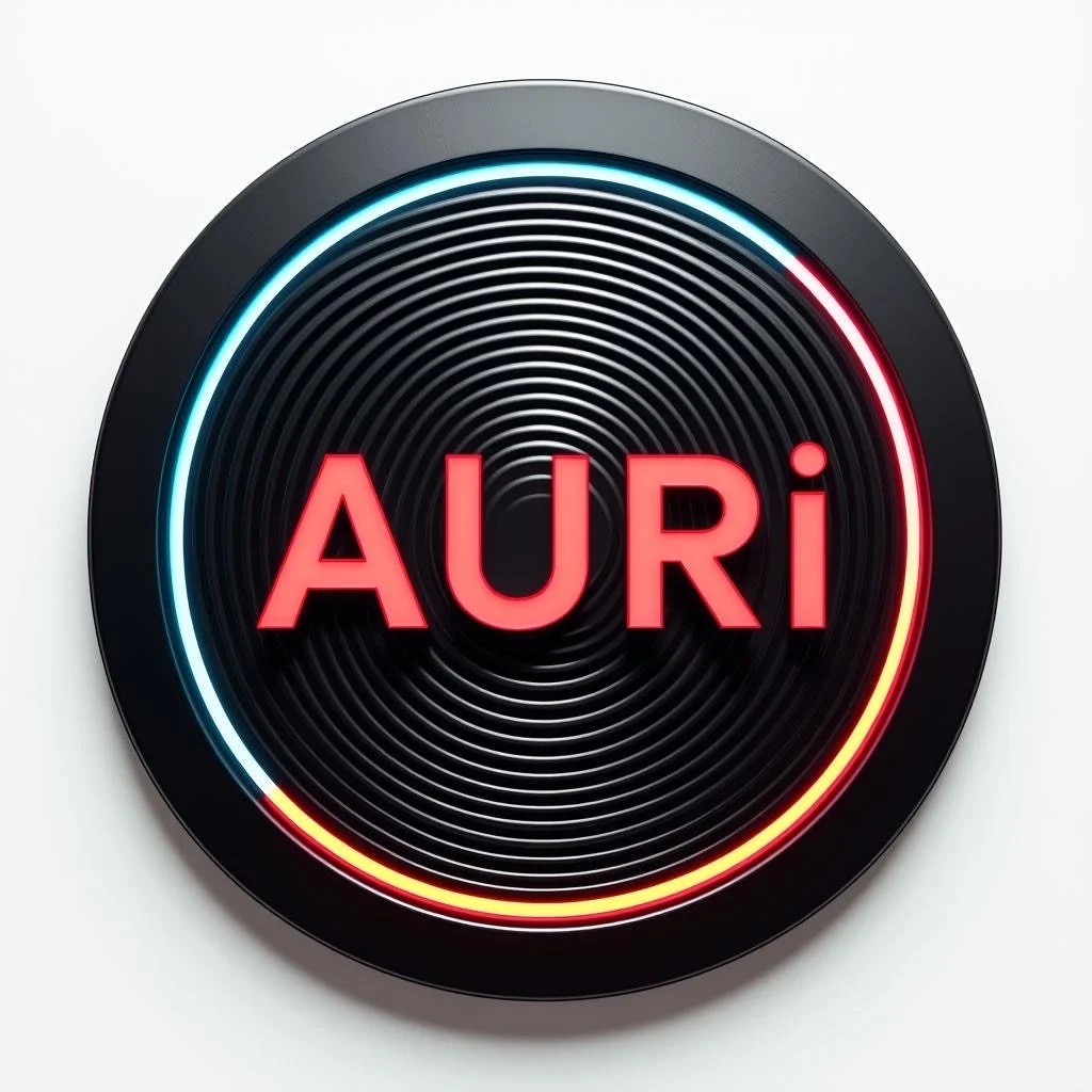 A circular black speaker with concentric ridges and a glowing multicolored light ring around it, displaying the word 'AURI' in red illuminated letters. AURi logo.