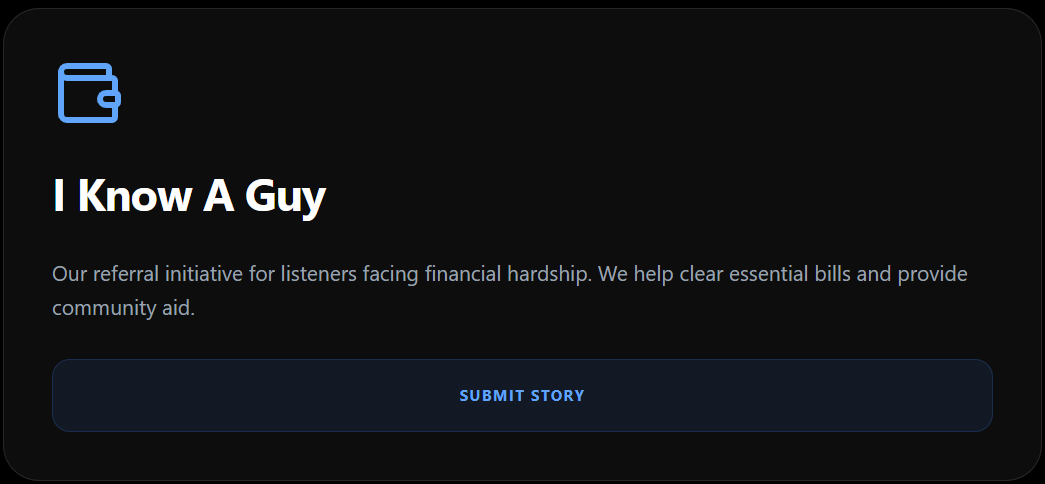 Website page titled 'I Know A Guy' Referral Network created by JLynn theWriter with a subtitle about helping listeners facing financial hardship by clearing bills and providing community aid, featuring a blue wallet icon and a 'Submit Story' button.