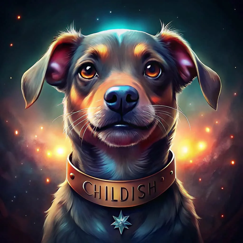 Digital illustration of a dog with brown eyes, a black nose, and a shiny collar that says 'CHILDISH'. The background is a colorful, cosmic scene with stars and glowing lights. song by JLynn theWriter.
