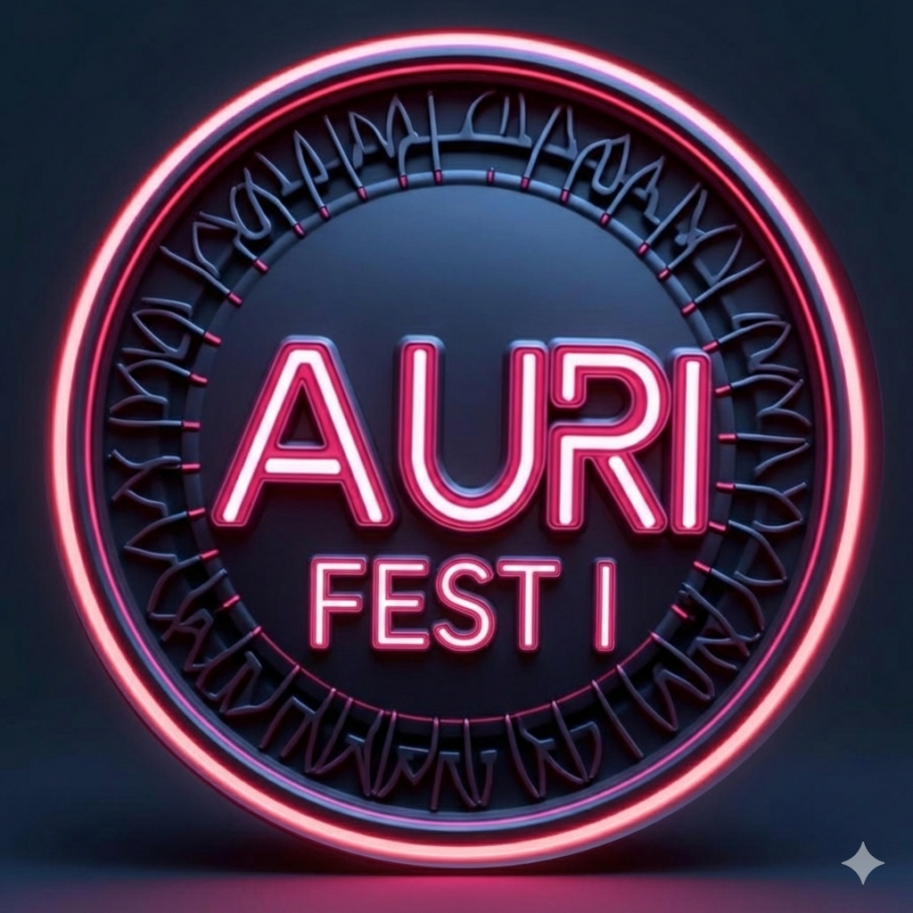 Neon sign with the words 'AURI FEST' in pink and white, surrounded by glowing circular borders.