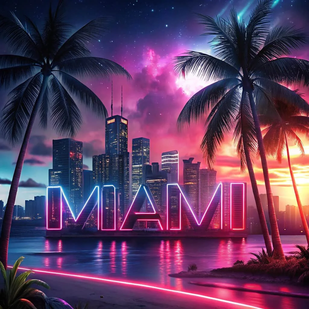 Miami skyline at sunset with neon pink and blue 'MIAMI' sign, palm trees, and vibrant sky with clouds and stars. song by JLynn theWriter