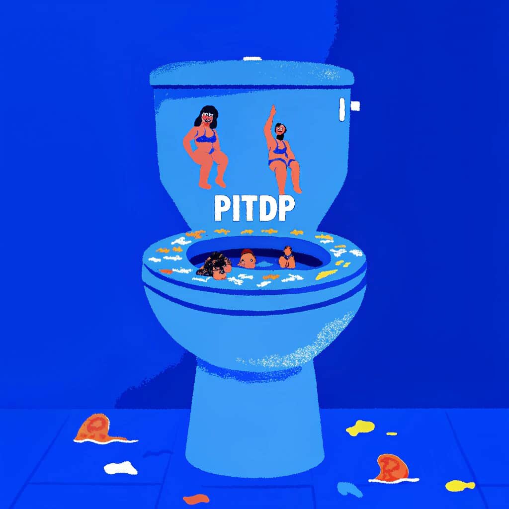 A blue toilet with cartoon characters of women in swimsuits on the tank, labeled 'PITDP.' The toilet bowl is filled with water and floating plastic debris, with some trash scattered on the floor. song by JLynn theWriter
