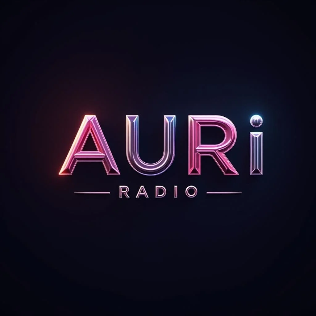 Neon sign displaying 'AURI RADIO' with 'AURI' in pink and purple gradient and 'RADIO' in white below, on a dark background.