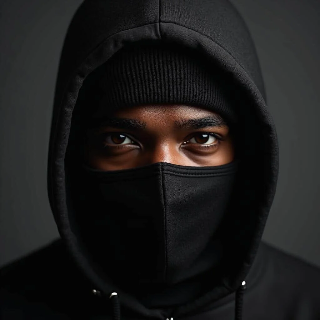 Close-up of a person wearing a black hoodie, black face mask, and black beanie, with only their eyes visible. JLynn theWriter. Cofounder of AURi LLC.