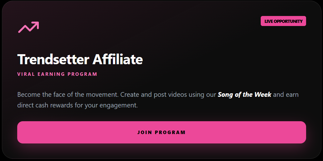 Dark-themed promotional webpage for AURi LLC Trendsetter Affiliate Viral Earning Program with pink and white text, a pink arrow icon, and pink buttons labeled 'LIVE OPPORTUNITY' and 'JOIN PROGRAM'. JLynn theWriter