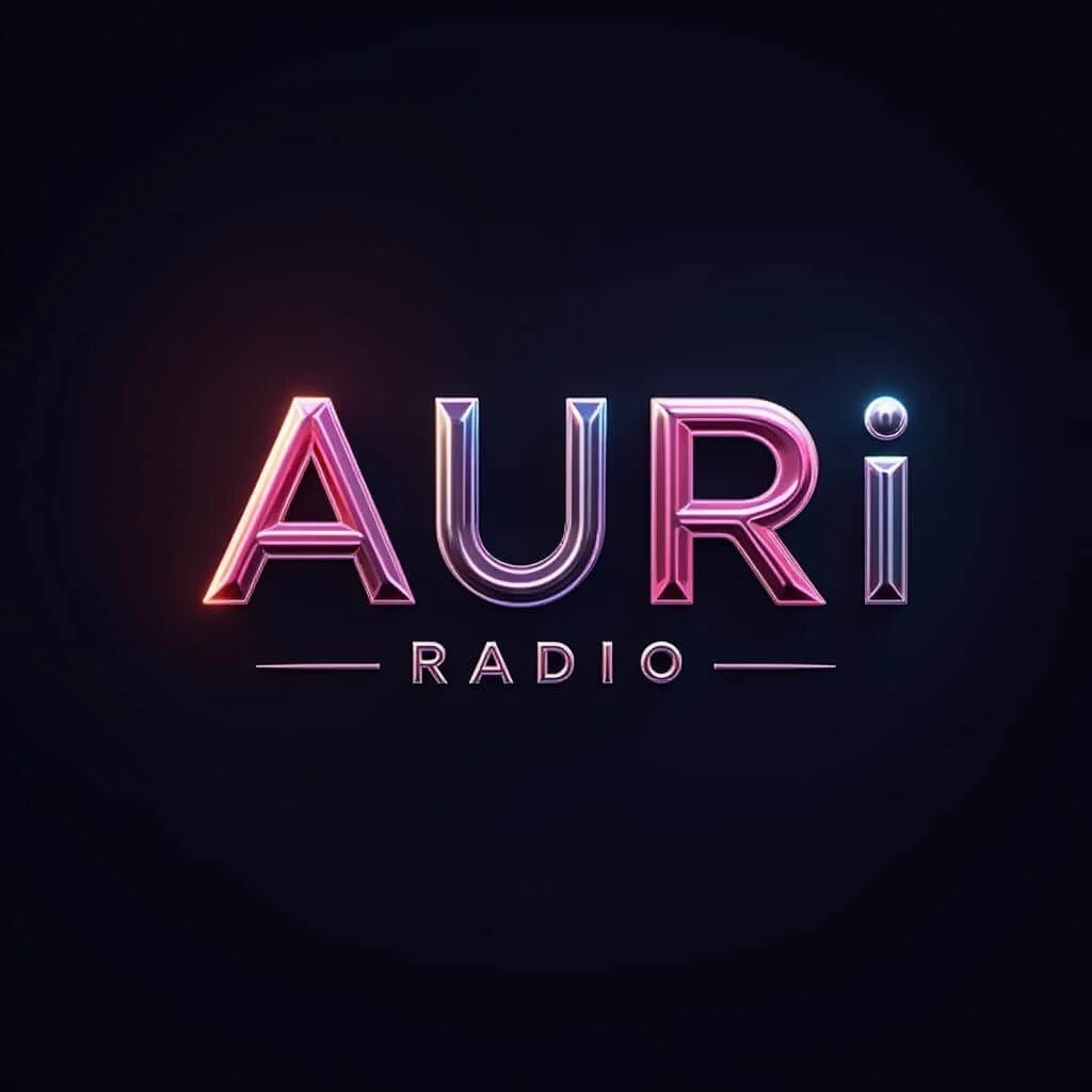 Neon-style logo for Auri Radio in pink, purple, and blue on a dark background. logo. JLynn theWriter