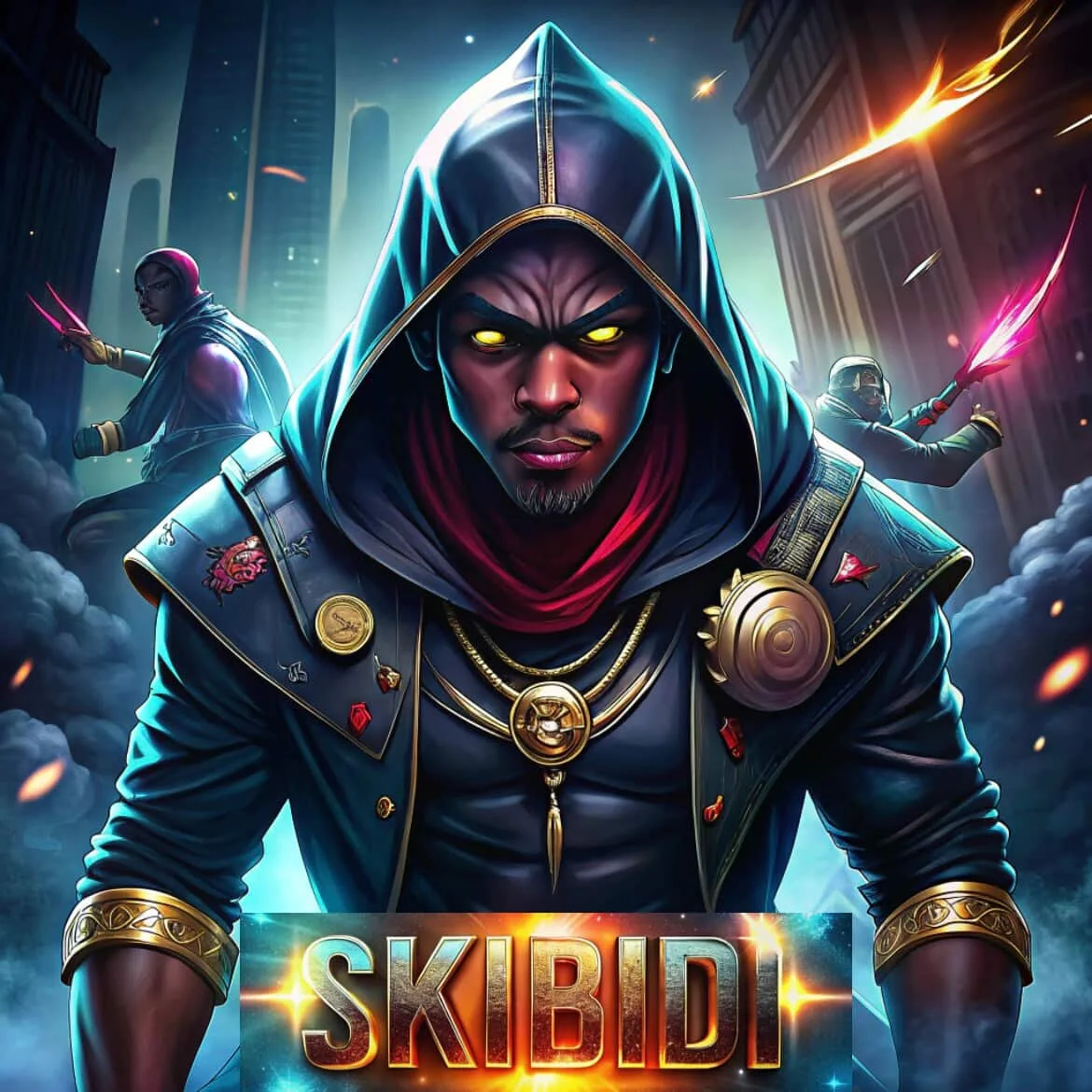 Digital illustration of a futuristic city scene with a confident man in a hooded jacket with gold embellishments, two women with glowing energy blades in the background, and the word "SKIBIDI" at the bottom. Song by JLynn theWriter