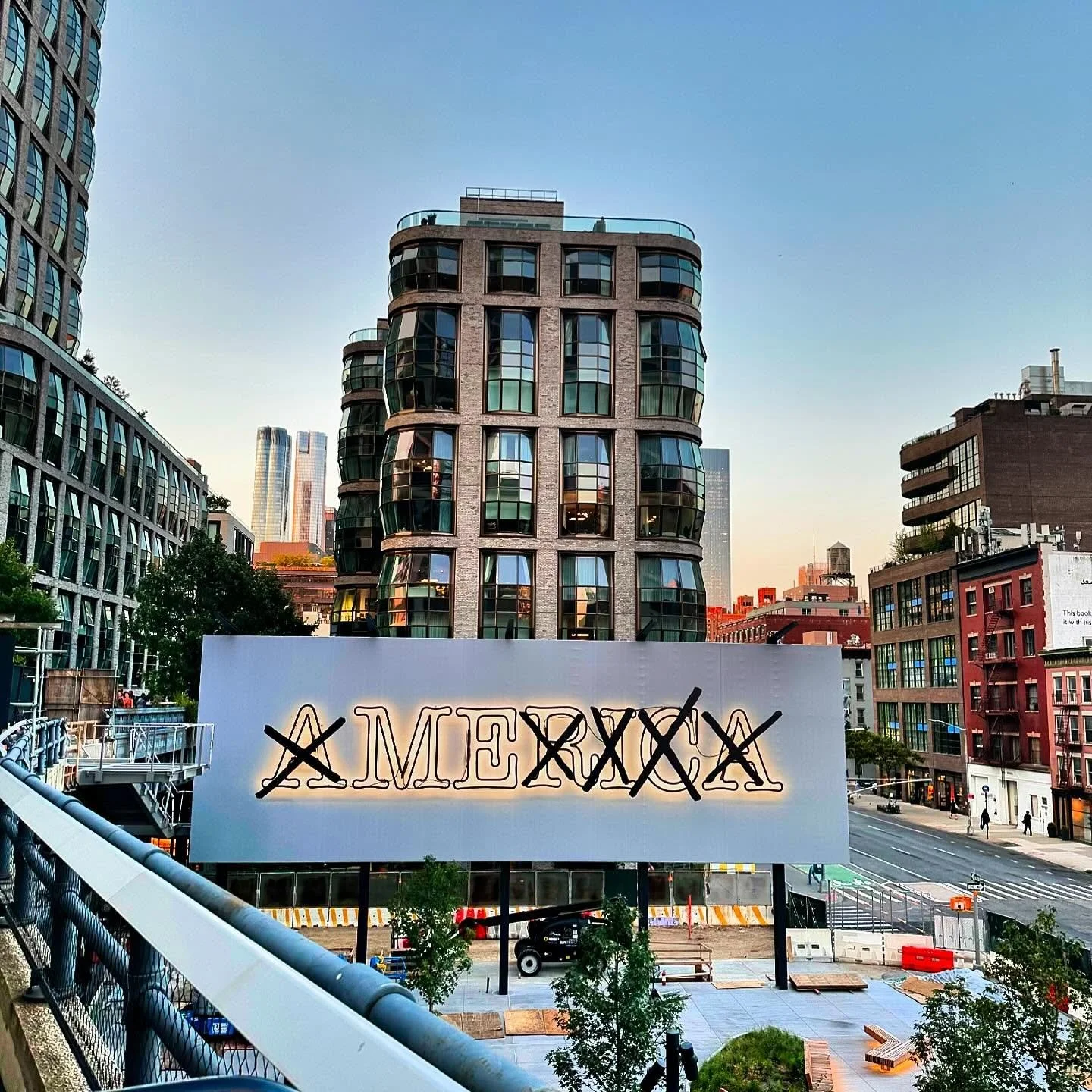 Untitled (America / Me) by @glennligon restarts a rotation series on 18th street near 10th Ave visible from the @highlinenyc curated by @ceciliaalemani The word &ldquo;America&rdquo; is eclipsed, and the blackening of the letters adds a layer of ambi