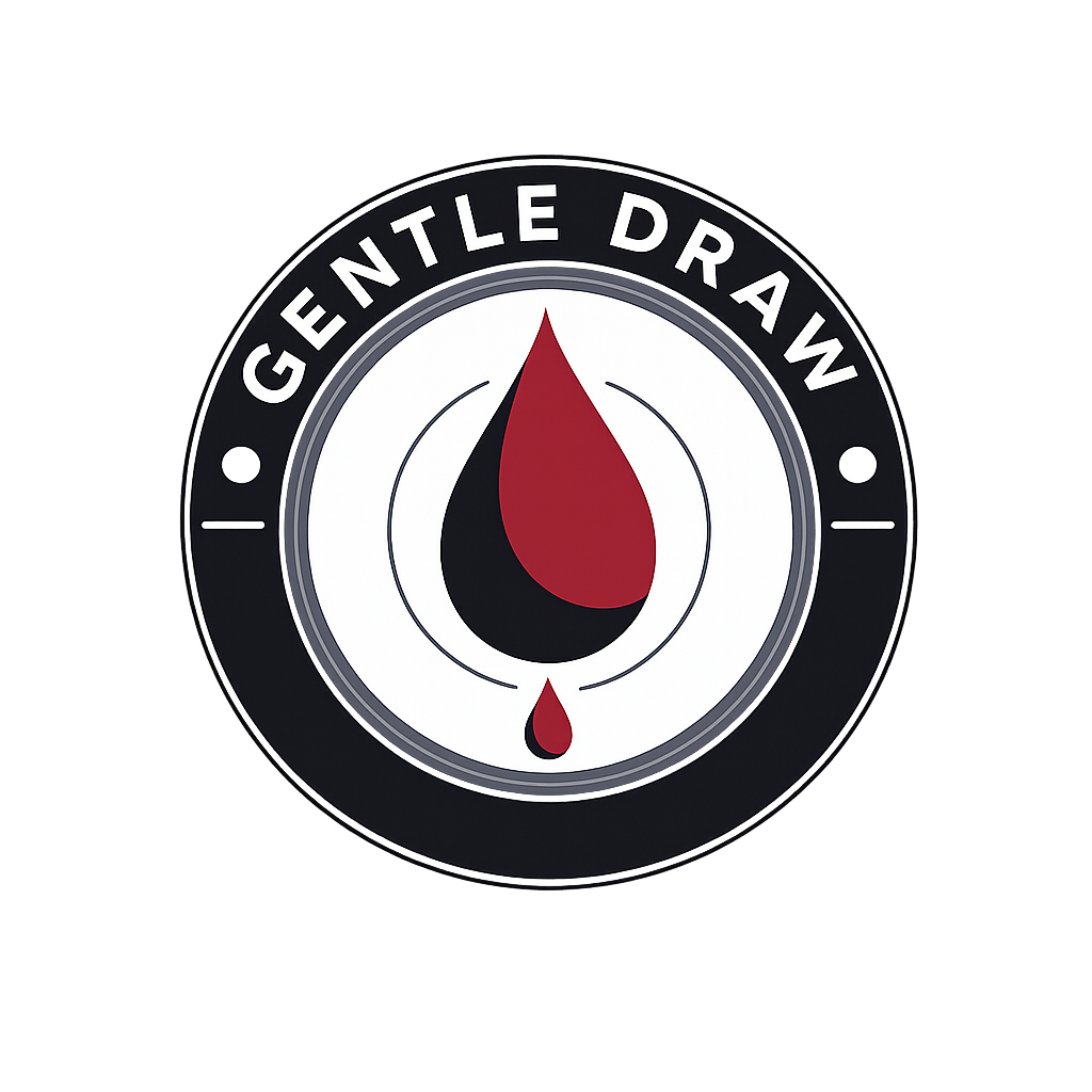 Close-up of a circular dial with the words 'Gentle Draw' around it, featuring a drop shape in red, black, and white at the center.