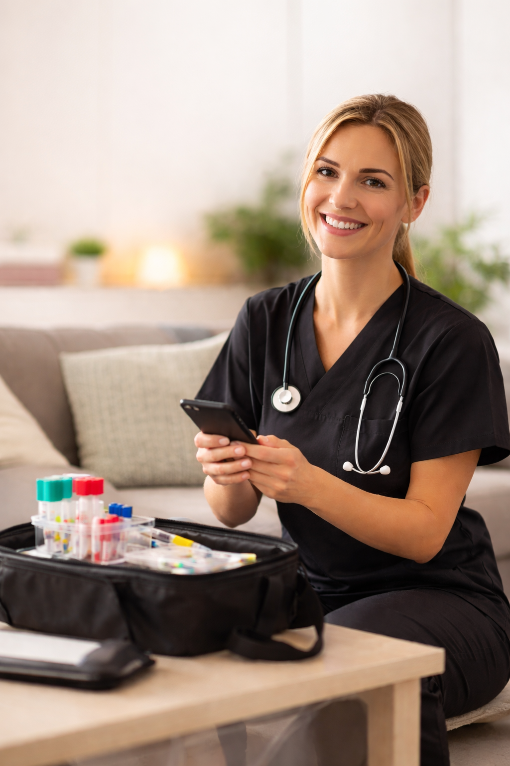 A smiling female healthcare worker in black scrubs with a stethoscope around her neck, sitting on a couch, holding a smartphone. There is a medical kit with blood sample tubes and other supplies on a table in front of her.